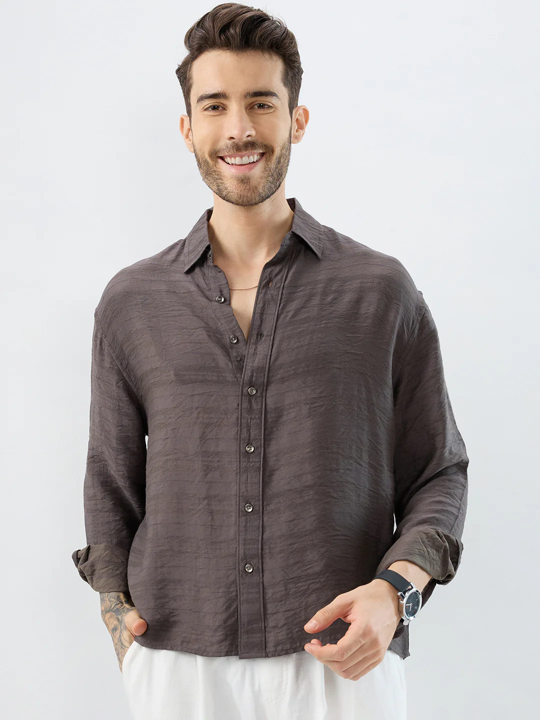 Rustic Brown Horizontal Textured Boxy Fit Crop Shirt - Image 5