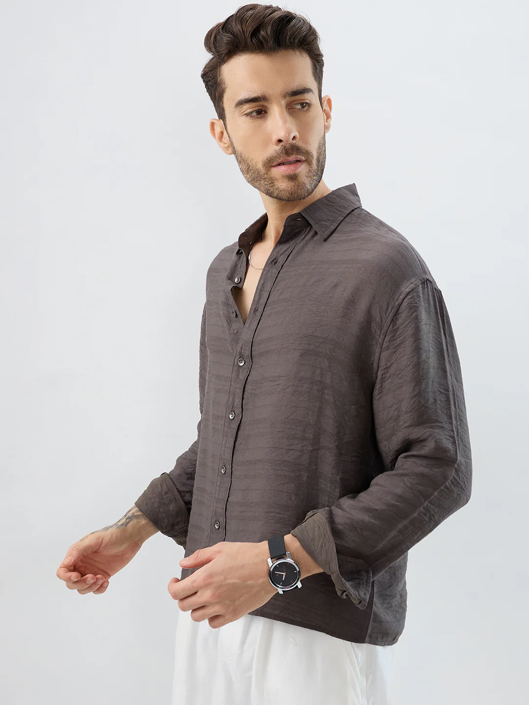 Rustic Brown Horizontal Textured Boxy Fit Crop Shirt - Image 6
