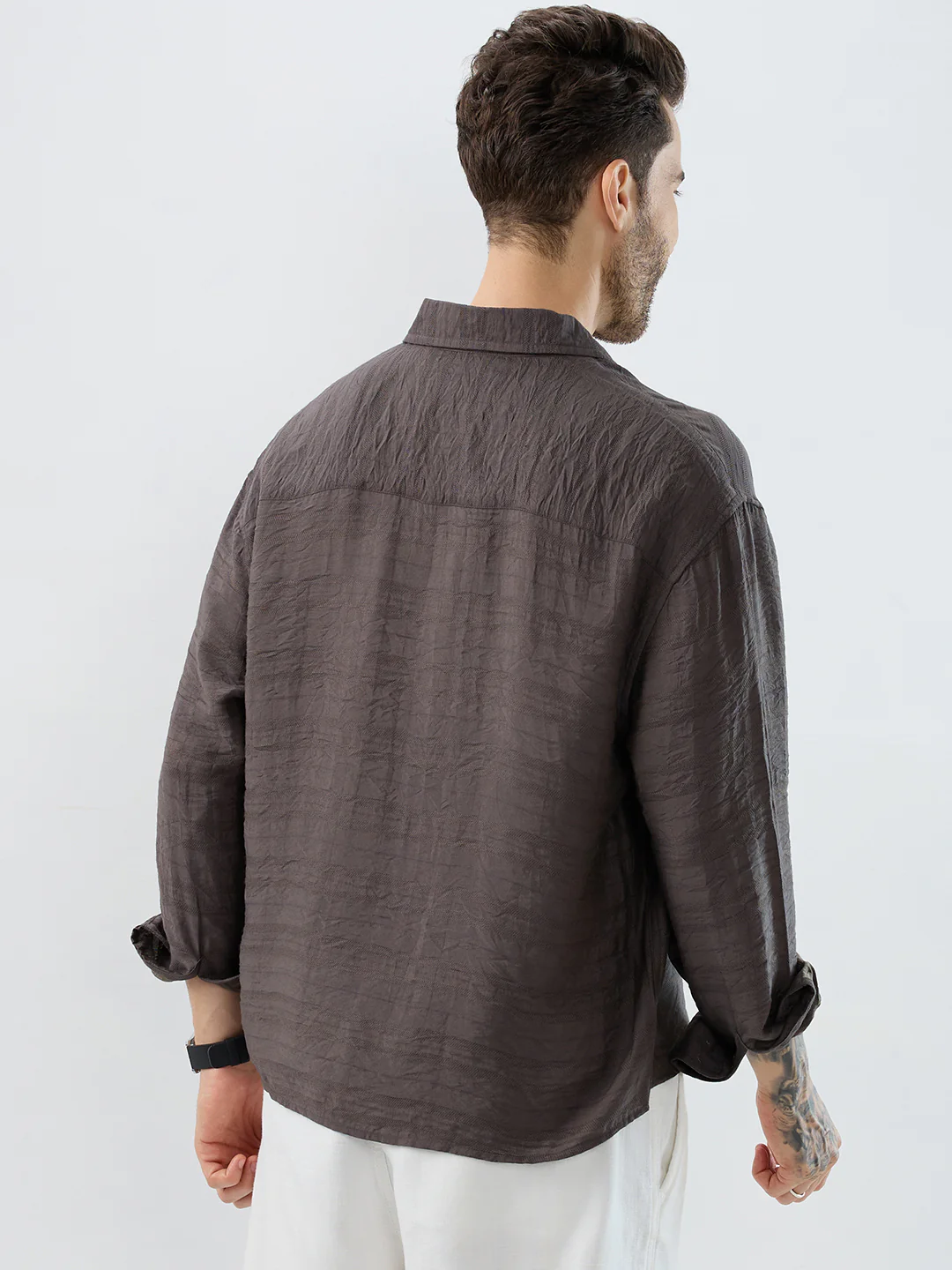 Rustic Brown Horizontal Textured Boxy Fit Crop Shirt - Image 7