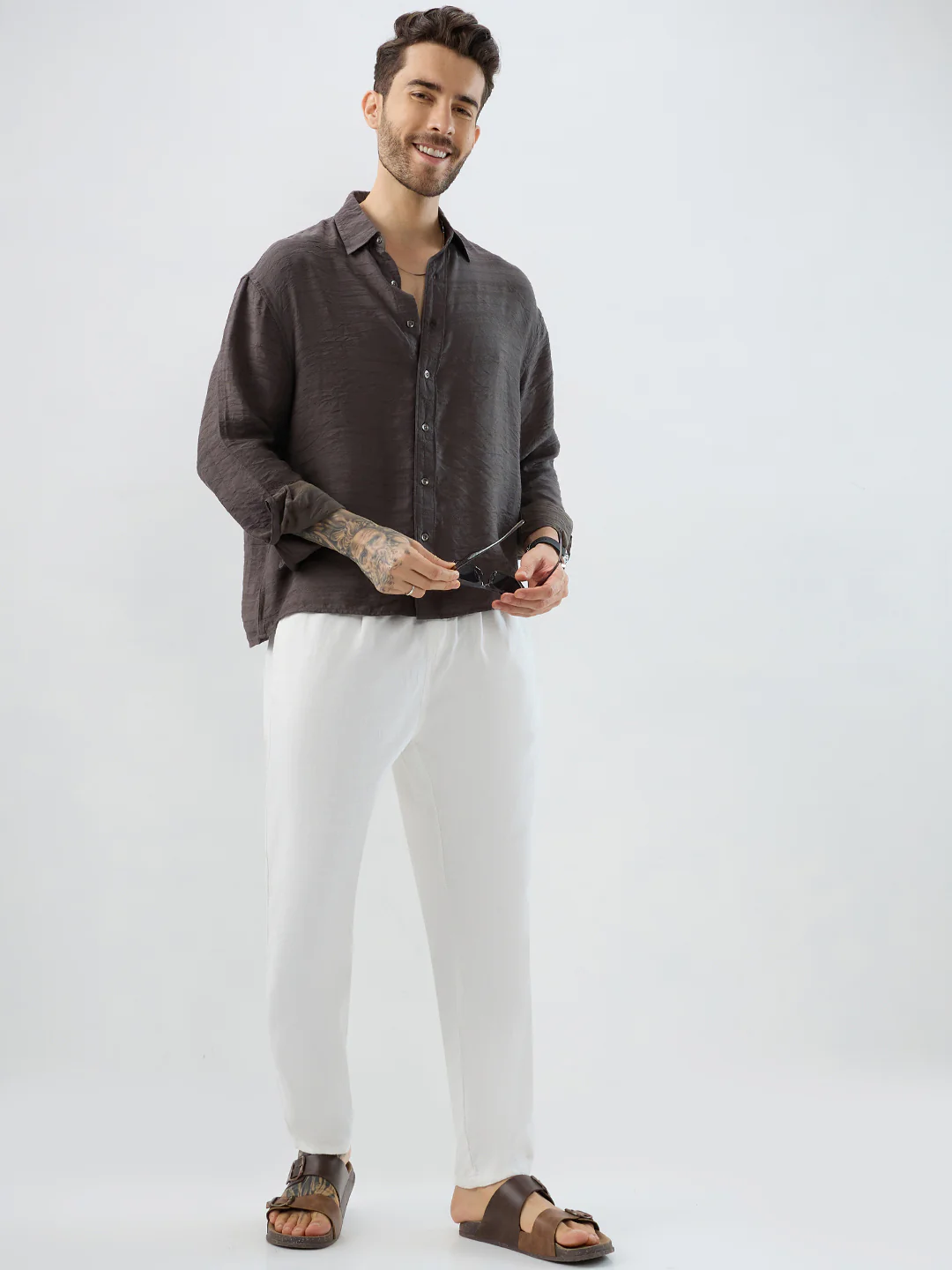 Rustic Brown Horizontal Textured Boxy Fit Crop Shirt - Image 8