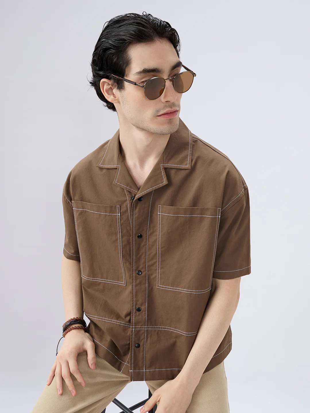 Rustic Cocoa Twin Pocket Oversized Crop Shirt - Image 2