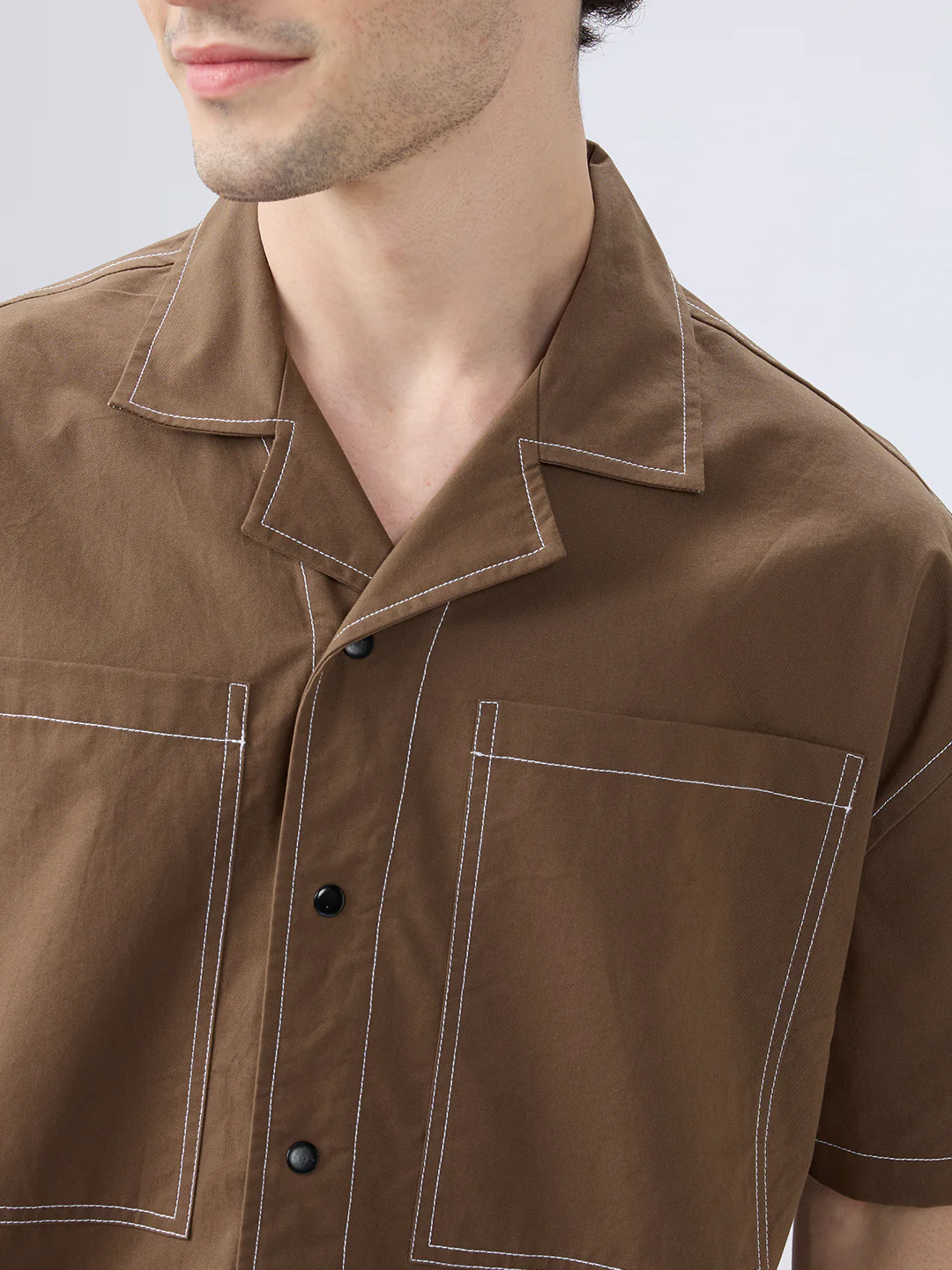 Rustic Cocoa Twin Pocket Oversized Crop Shirt - Image 3