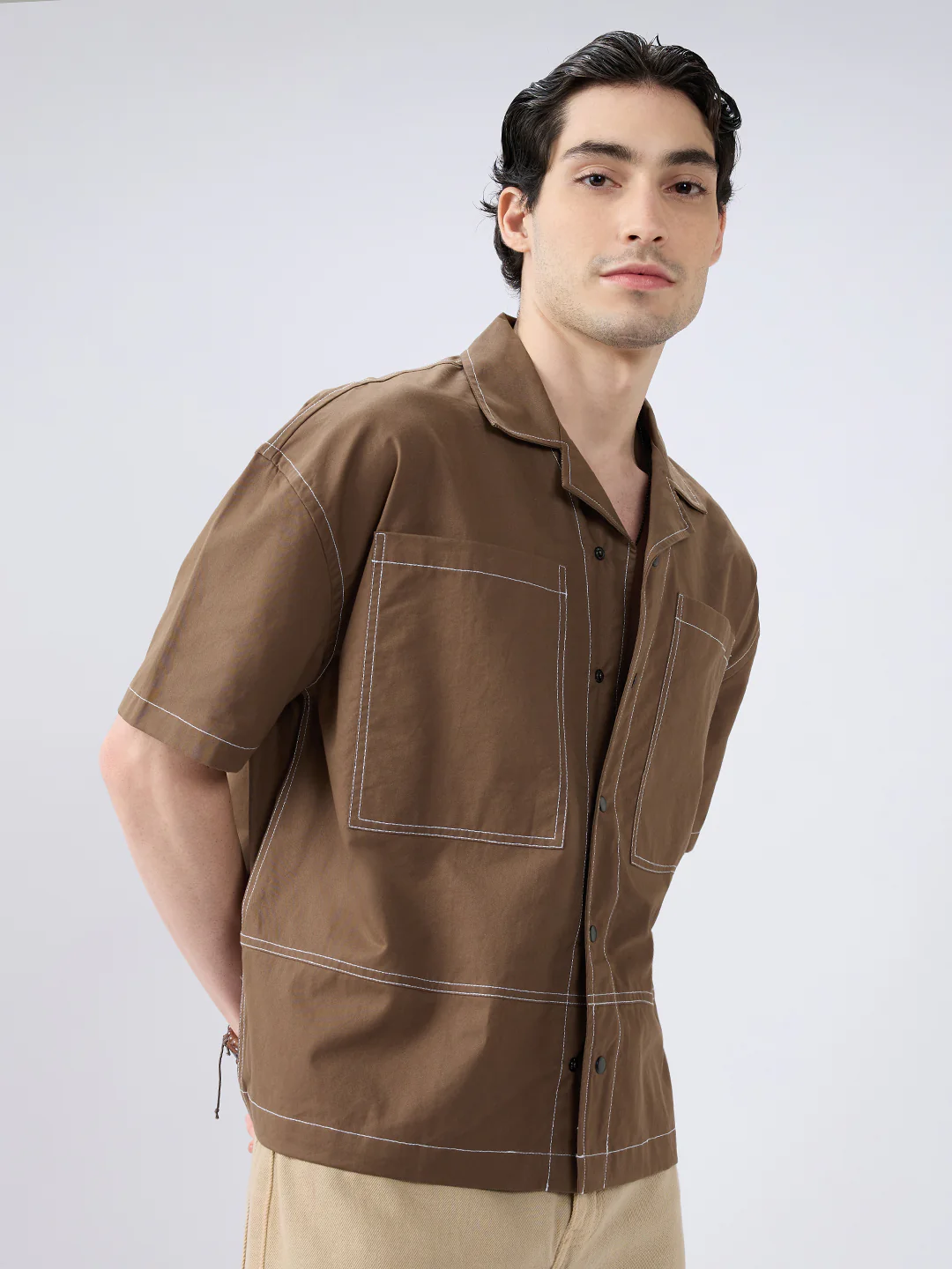 Rustic Cocoa Twin Pocket Oversized Crop Shirt - Image 4