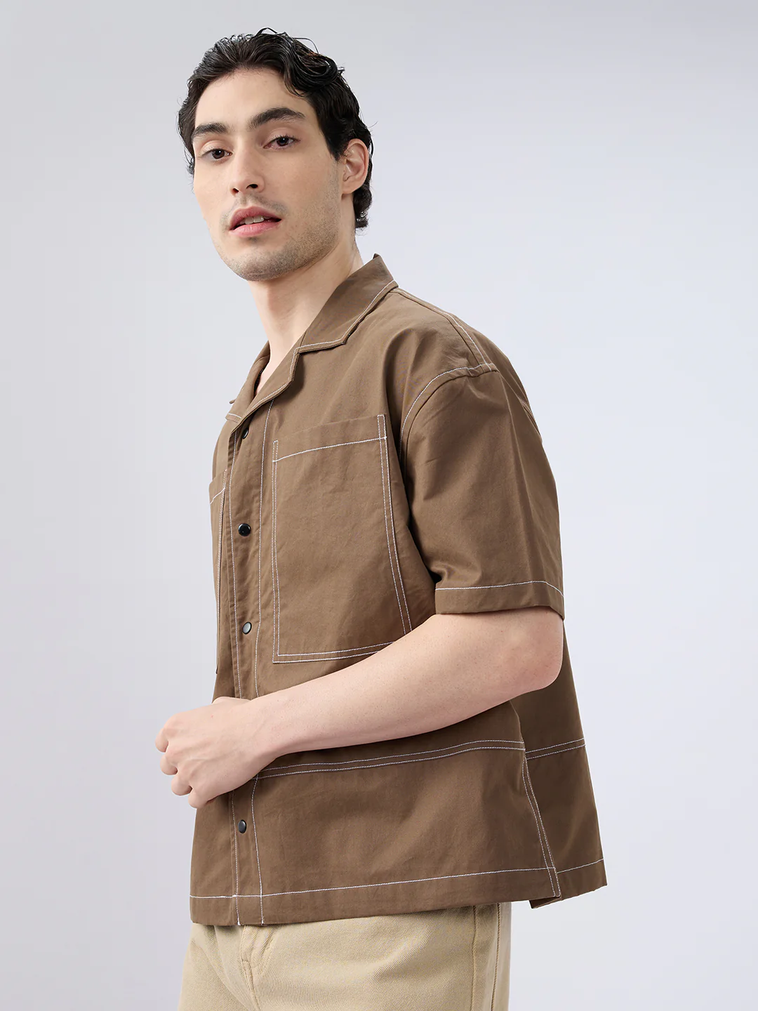 Rustic Cocoa Twin Pocket Oversized Crop Shirt - Image 5