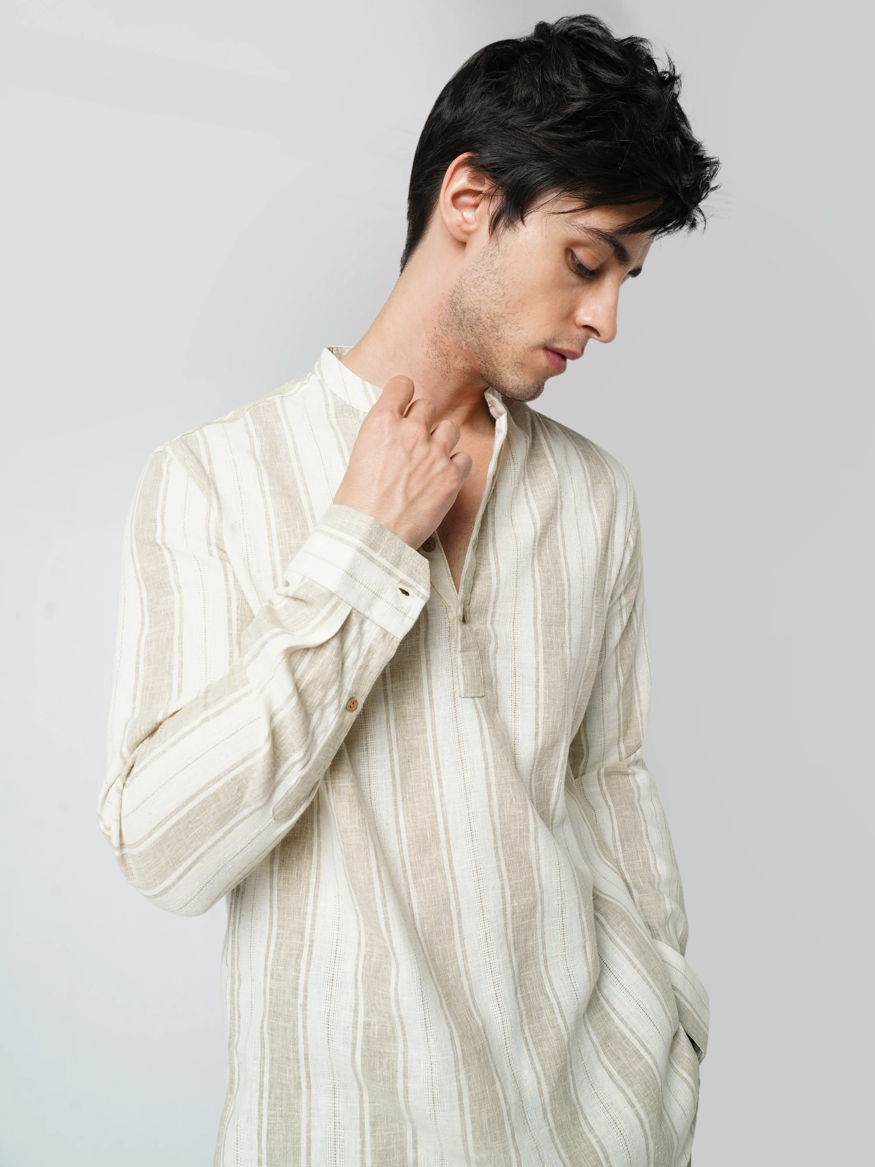 Rustic Sand Beige Vertical Striped Linen Blend Kurta