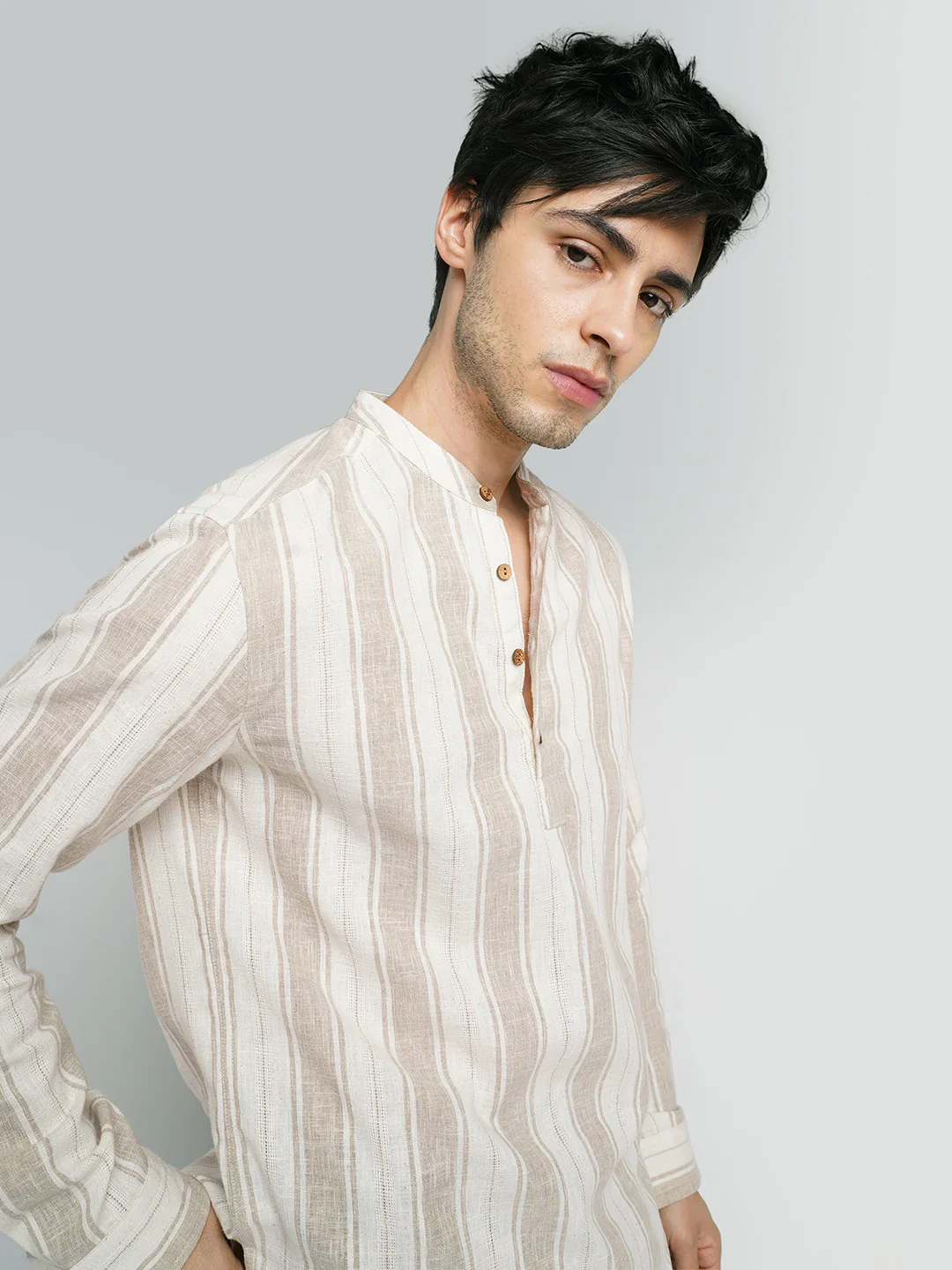 Rustic Sand Beige Vertical Striped Linen Blend Kurta - Image 2