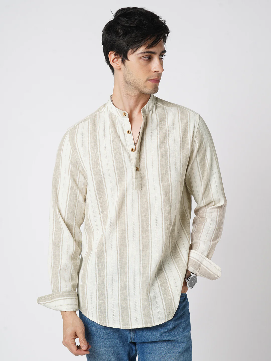 Rustic Sand Beige Vertical Striped Linen Blend Kurta - Image 4