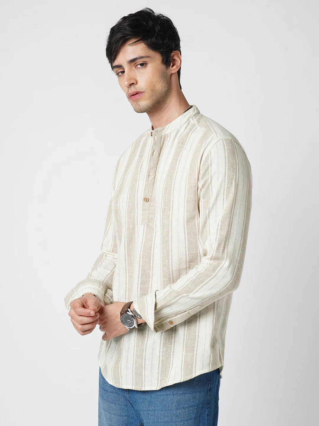 Rustic Sand Beige Vertical Striped Linen Blend Kurta - Image 5