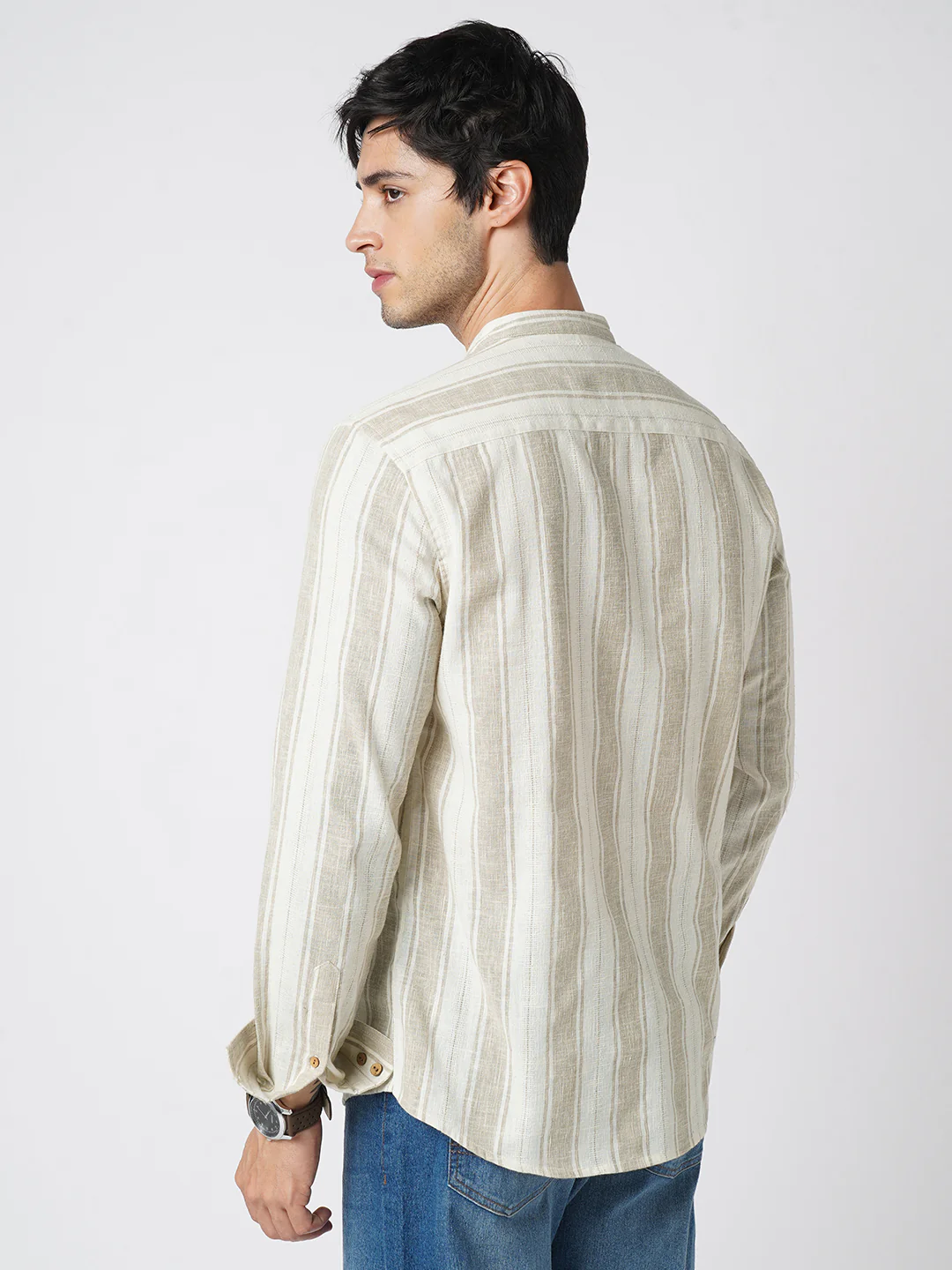 Rustic Sand Beige Vertical Striped Linen Blend Kurta - Image 6