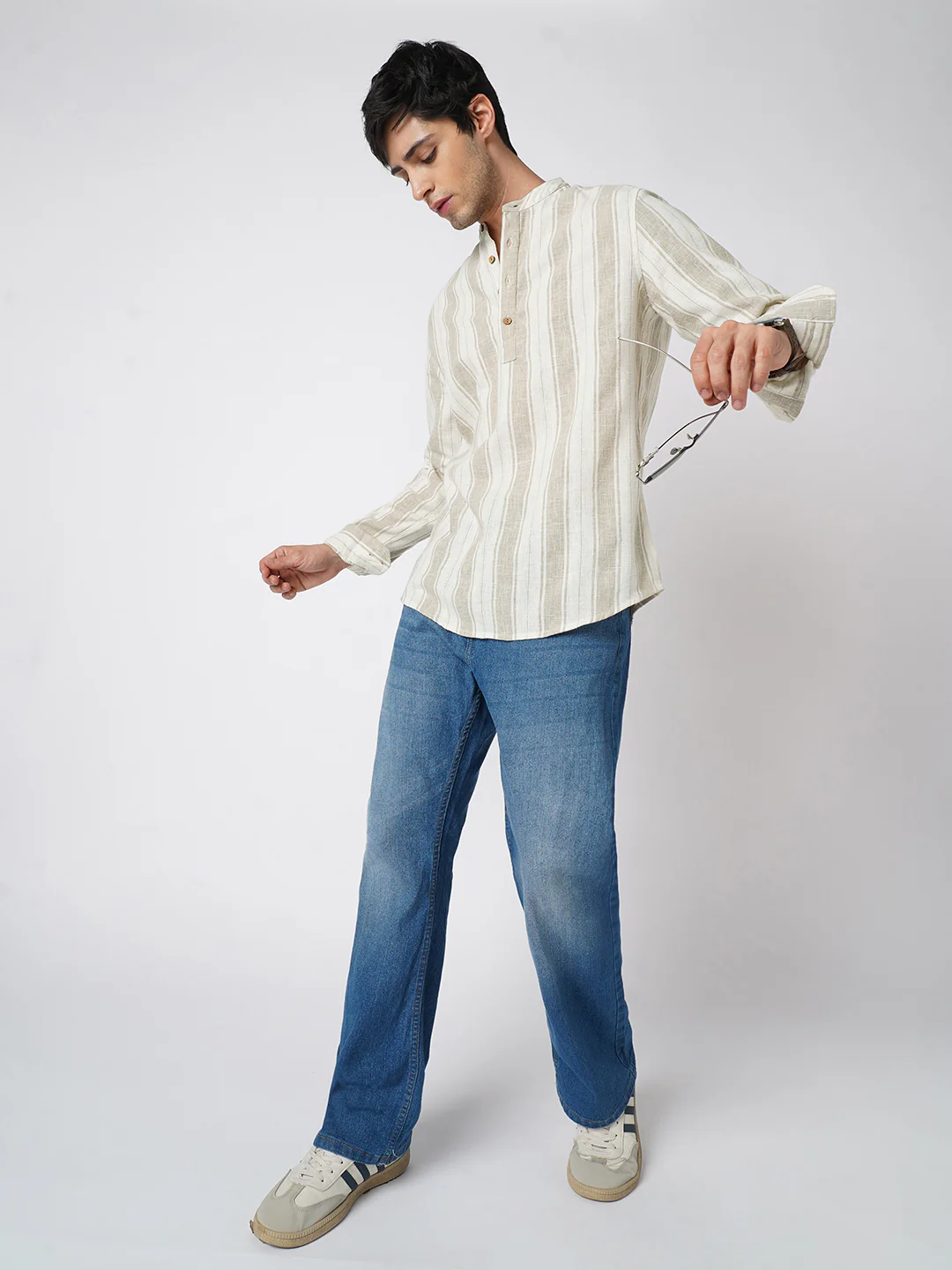 Rustic Sand Beige Vertical Striped Linen Blend Kurta - Image 7