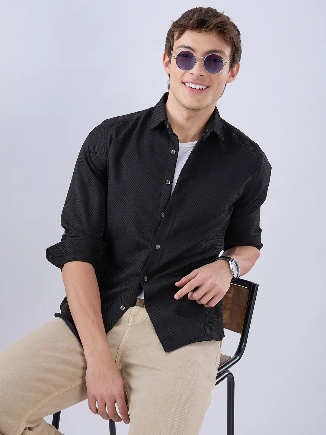 Sable Black Diagonal Textured Statement Shirt - Image 2