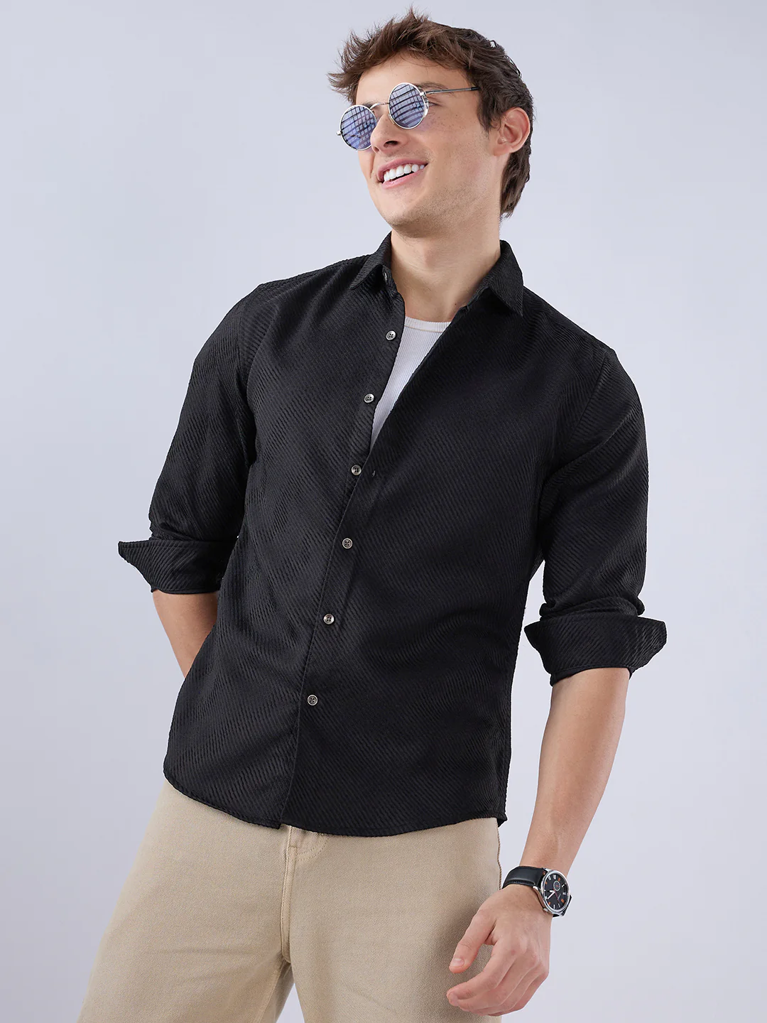 Sable Black Diagonal Textured Statement Shirt - Image 4