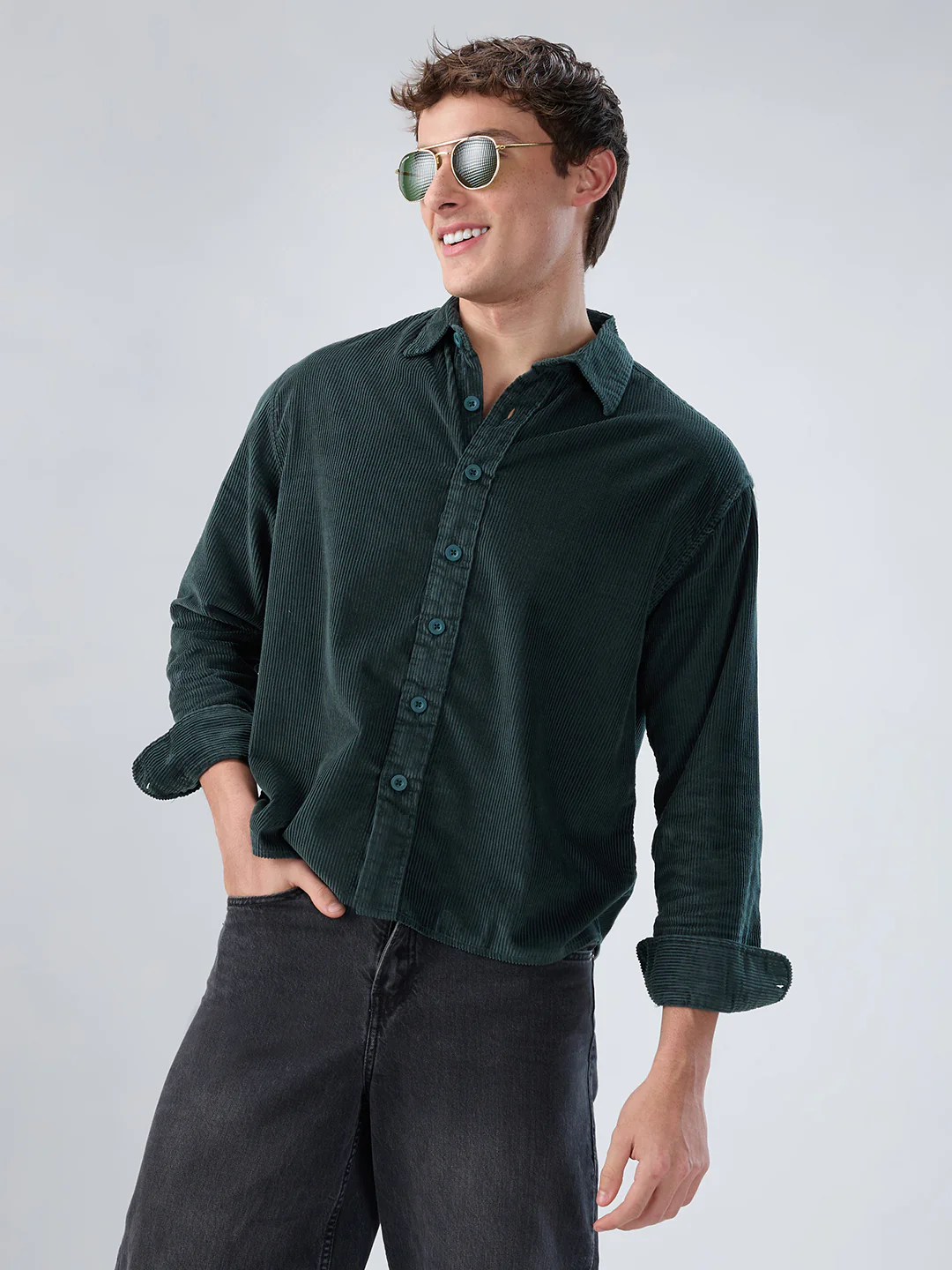 Sacremento Green Corduroy Boxy Fit Crop Shirt - Image 2
