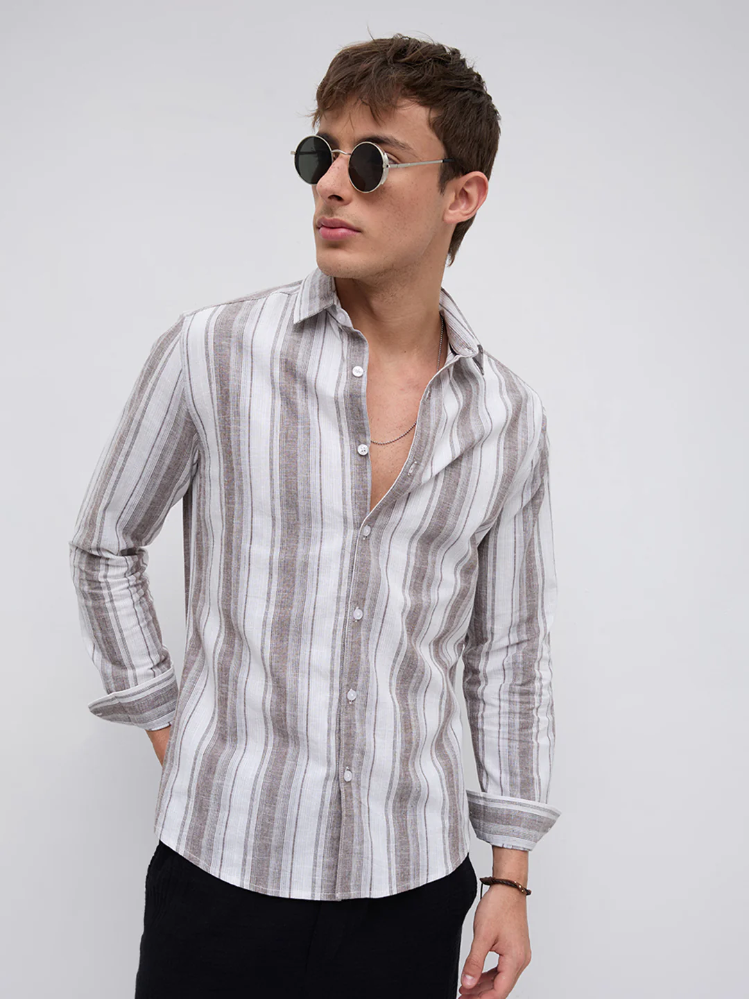 Saddle Brown & White Fine Striped Linen Blend Shirt - Image 2