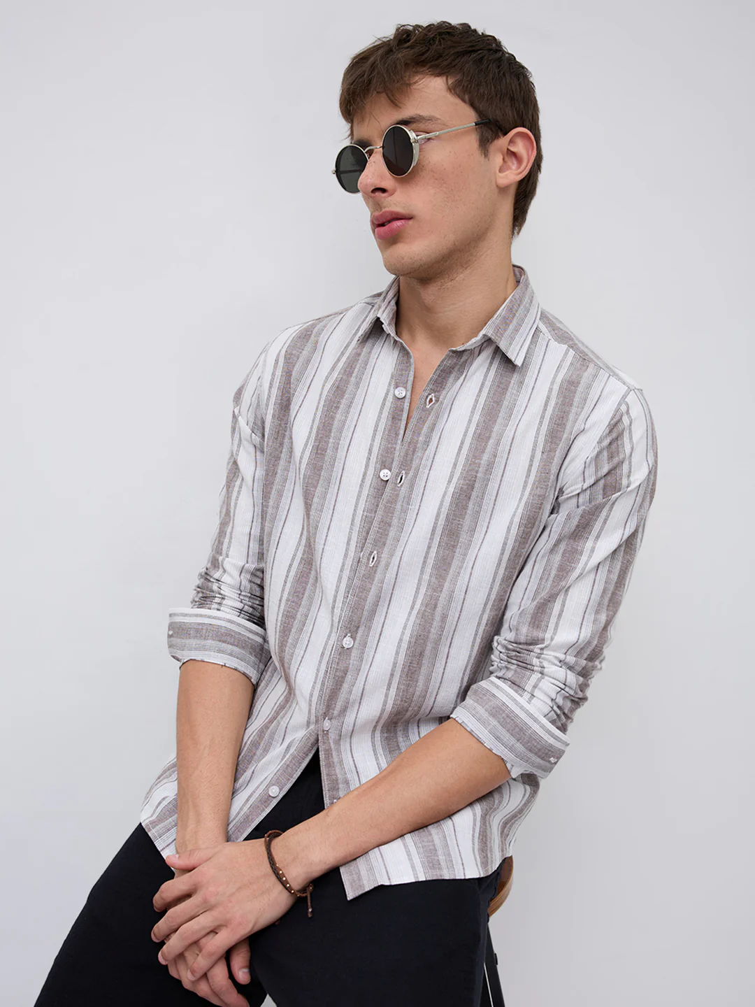Saddle Brown & White Fine Striped Linen Blend Shirt - Image 4