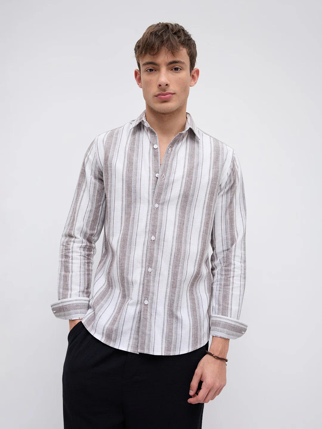 Saddle Brown & White Fine Striped Linen Blend Shirt - Image 5