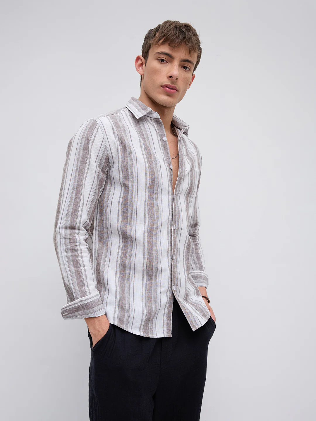 Saddle Brown & White Fine Striped Linen Blend Shirt - Image 6