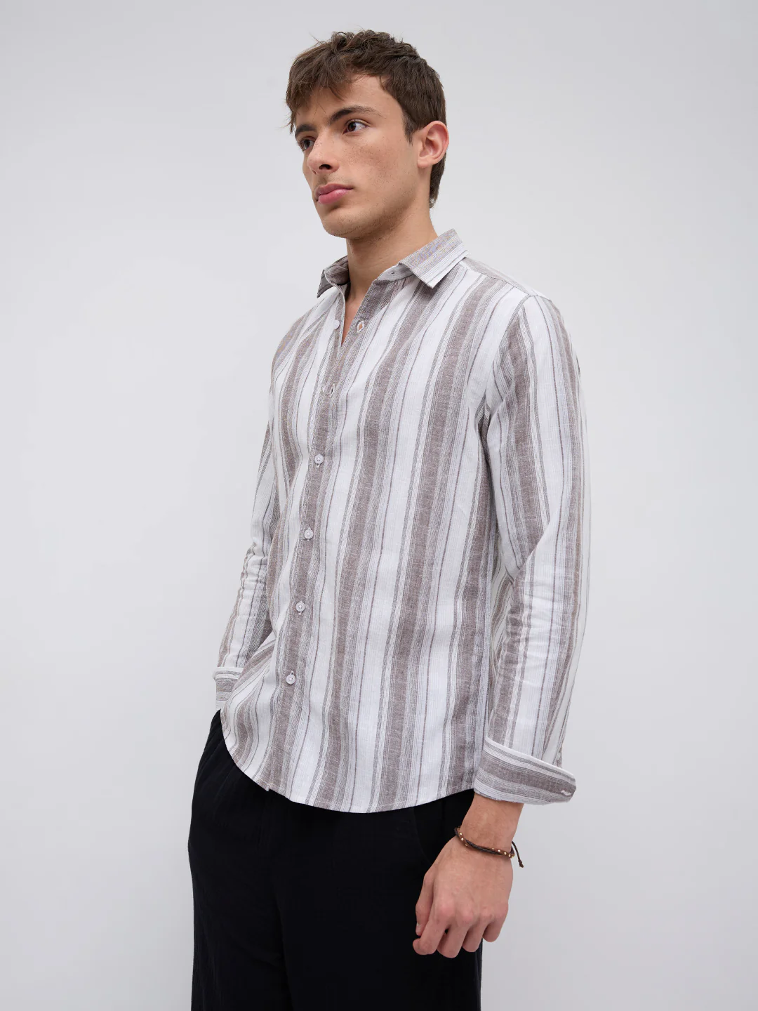 Saddle Brown & White Fine Striped Linen Blend Shirt - Image 7
