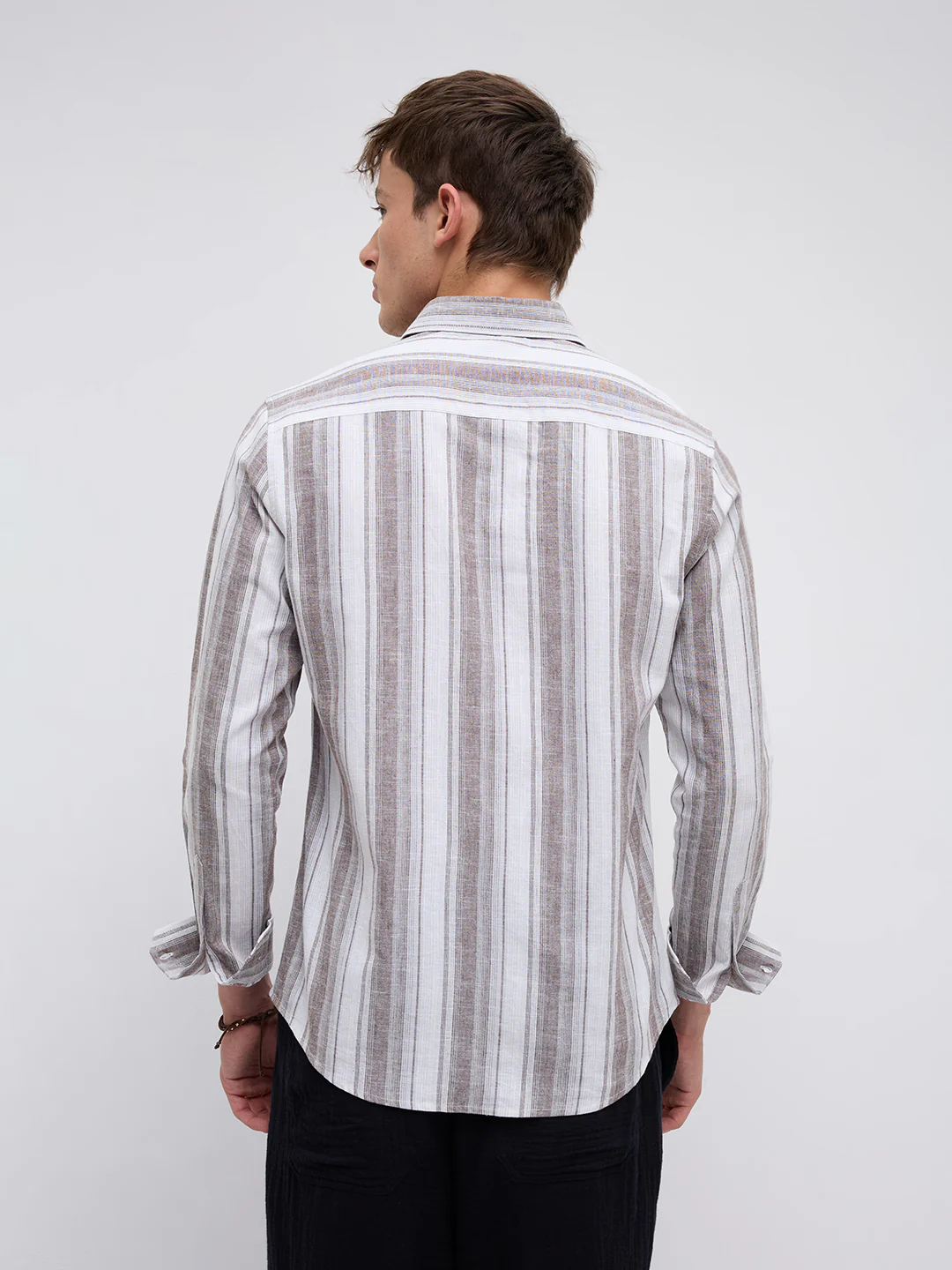 Saddle Brown & White Fine Striped Linen Blend Shirt - Image 8