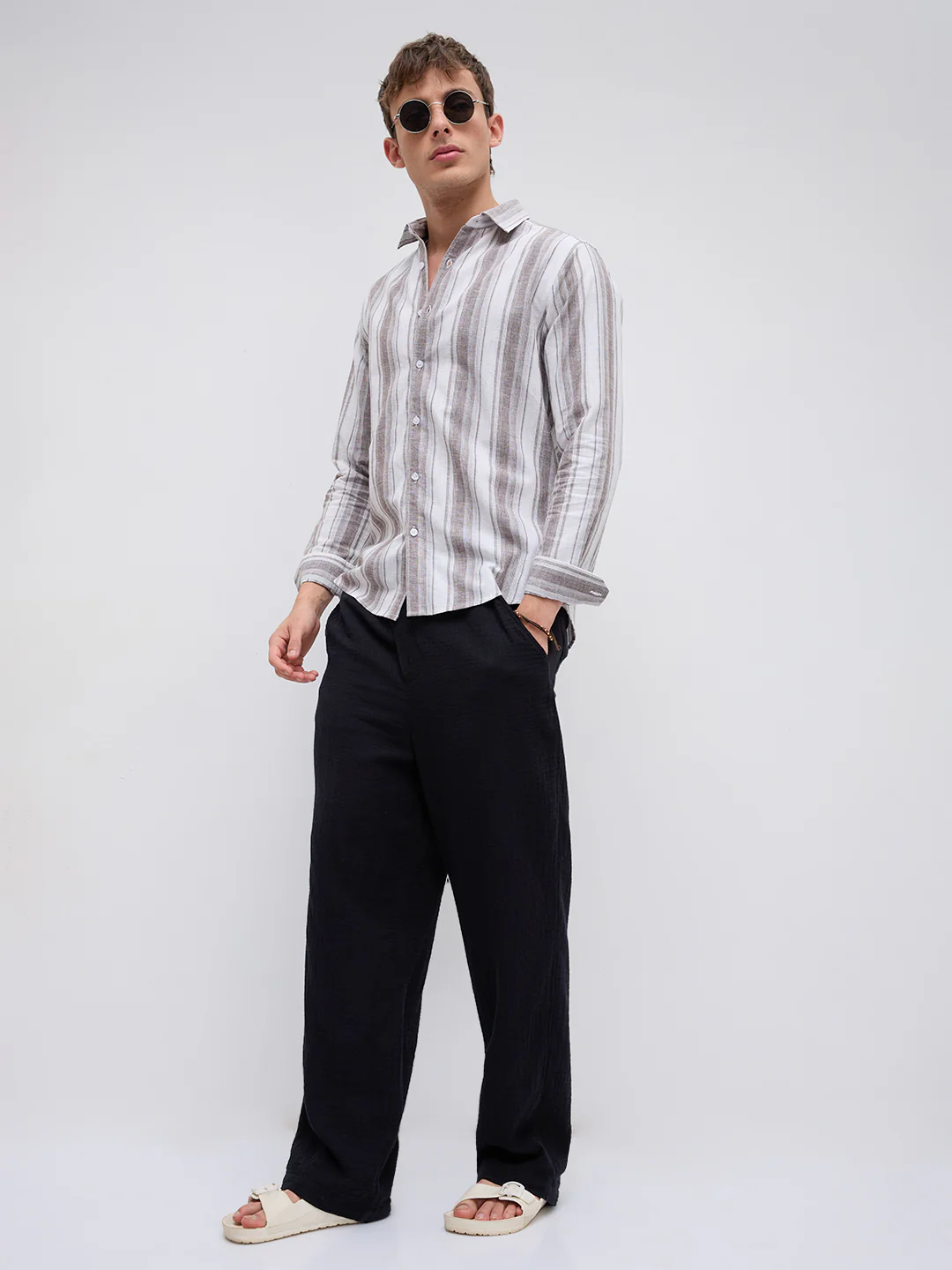 Saddle Brown & White Fine Striped Linen Blend Shirt - Image 9