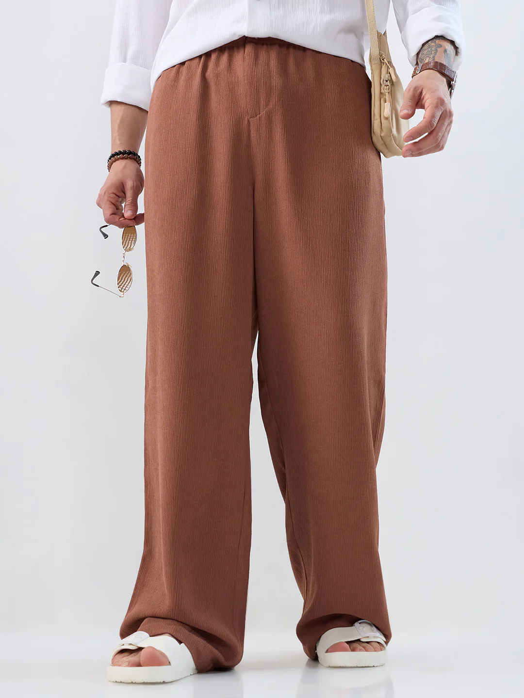 Saddle Brown Wide-Leg Crepe Comfort Trousers - Image 4