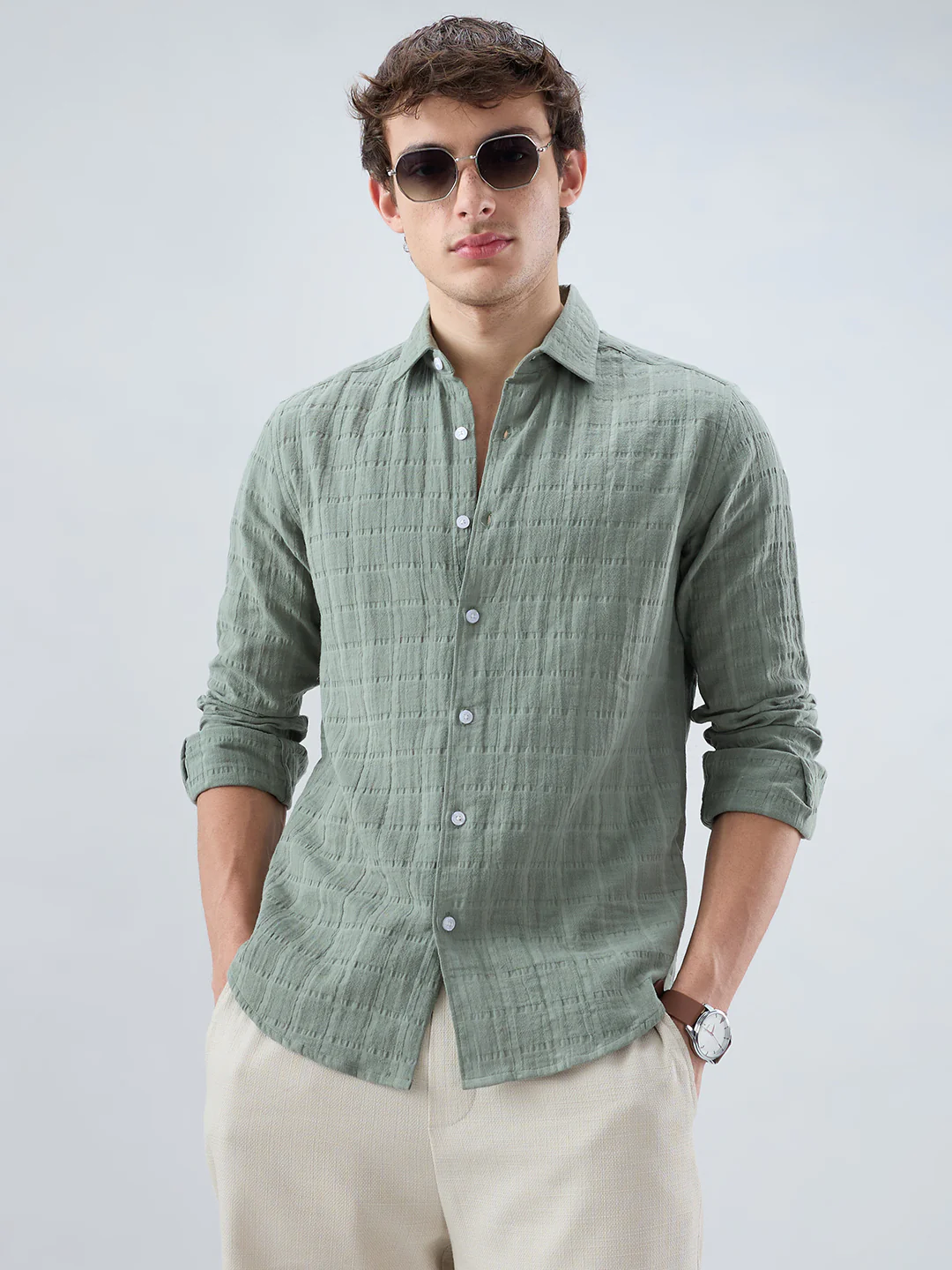 Sage Green Box Weave Double Cloth Seersucker Shirt - Image 2