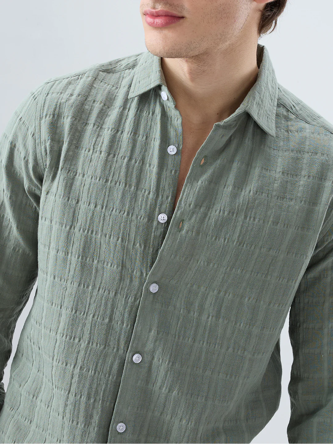 Sage Green Box Weave Double Cloth Seersucker Shirt - Image 3