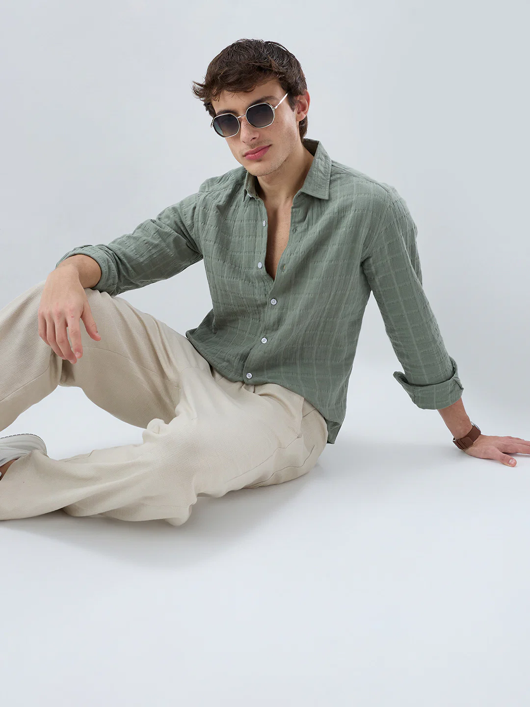 Sage Green Box Weave Double Cloth Seersucker Shirt - Image 4