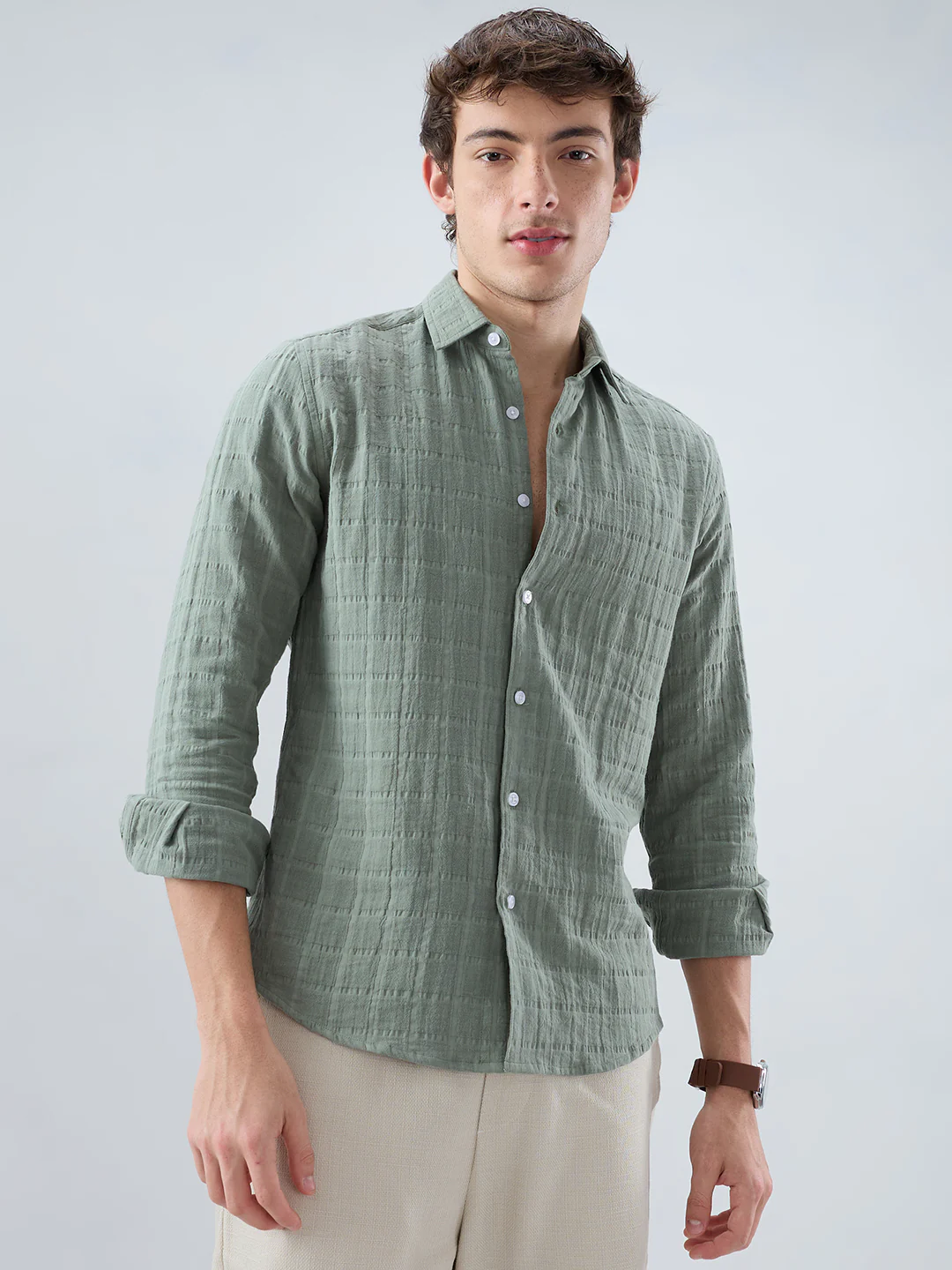 Sage Green Box Weave Double Cloth Seersucker Shirt - Image 5