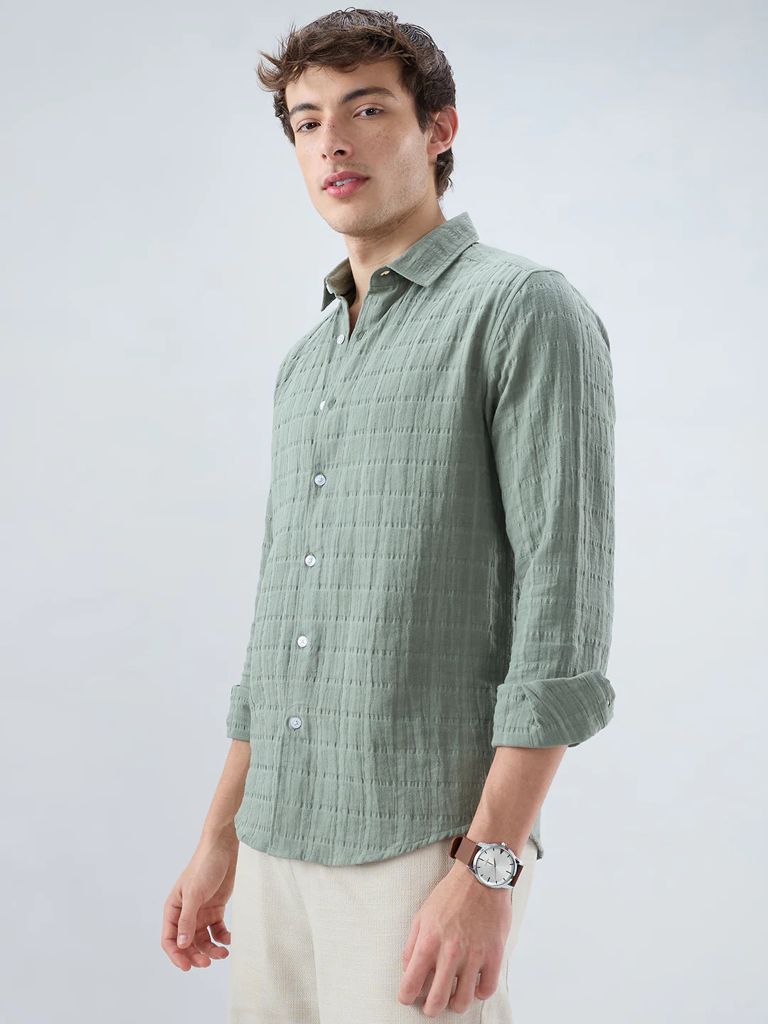 Sage Green Box Weave Double Cloth Seersucker Shirt - Image 6