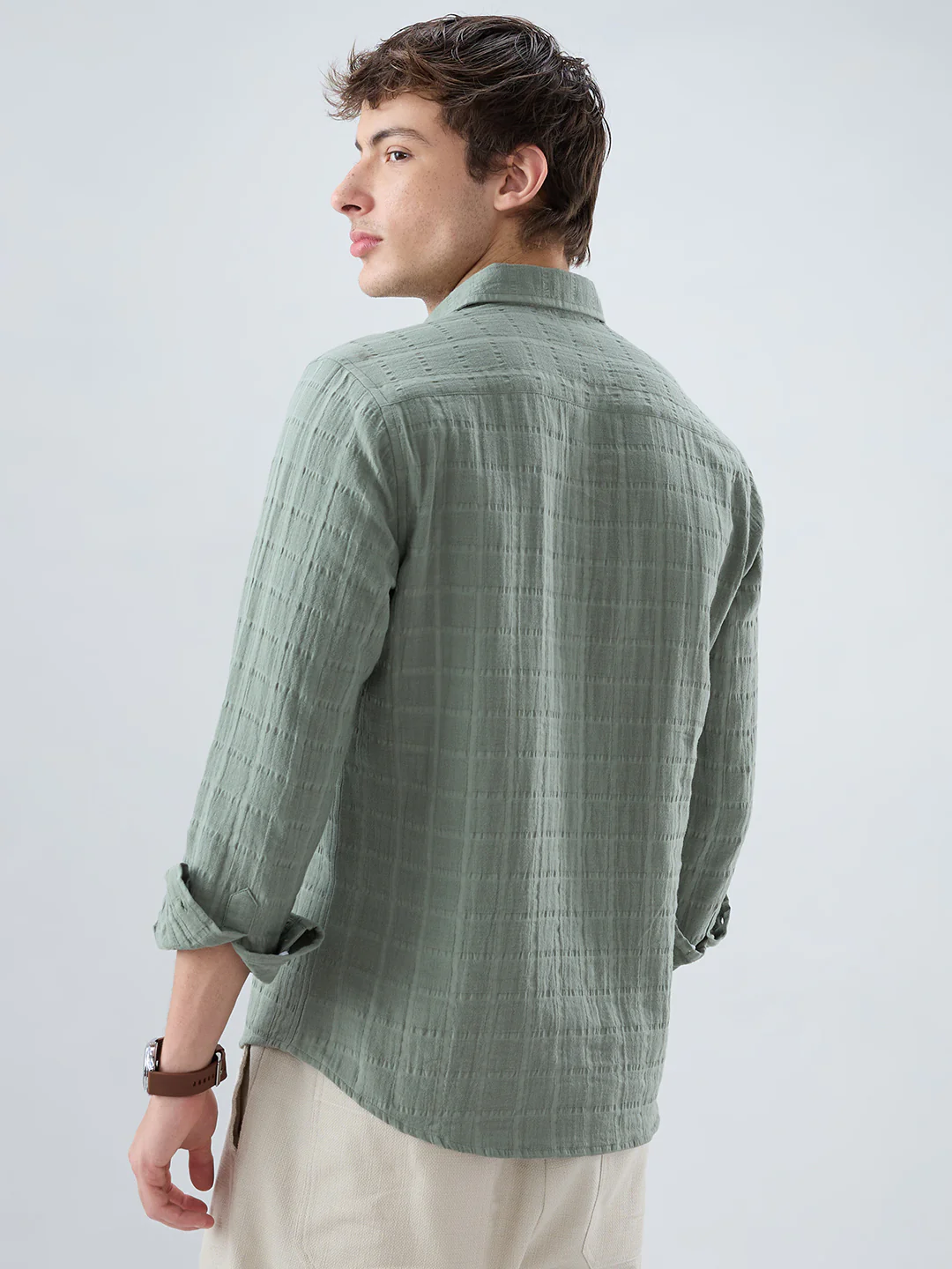 Sage Green Box Weave Double Cloth Seersucker Shirt - Image 7