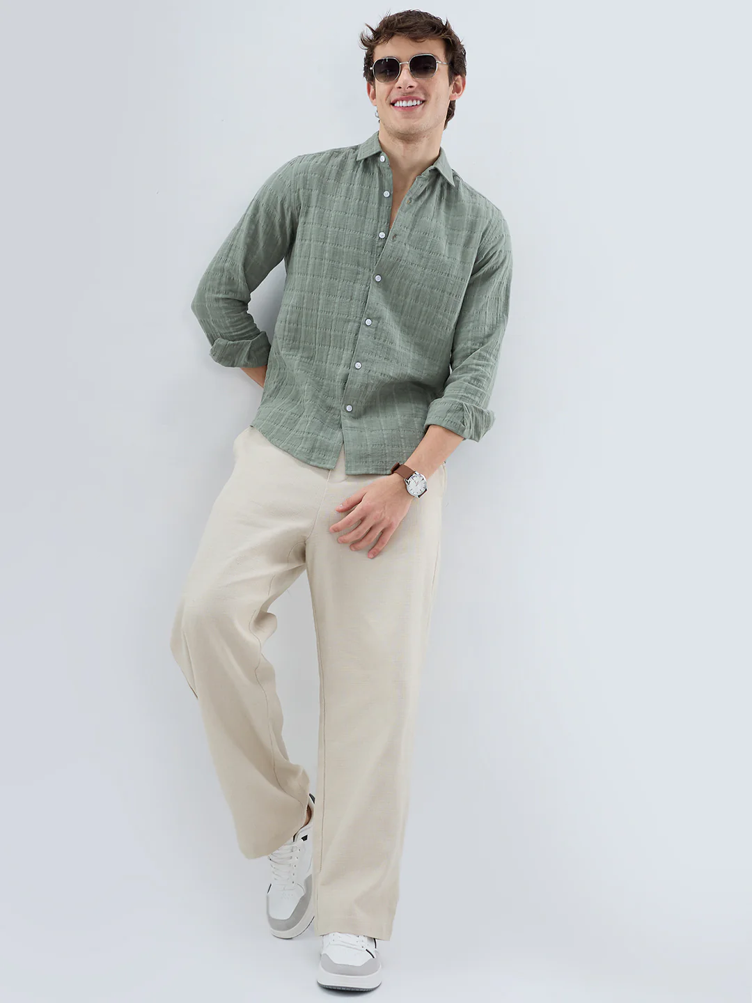 Sage Green Box Weave Double Cloth Seersucker Shirt - Image 8