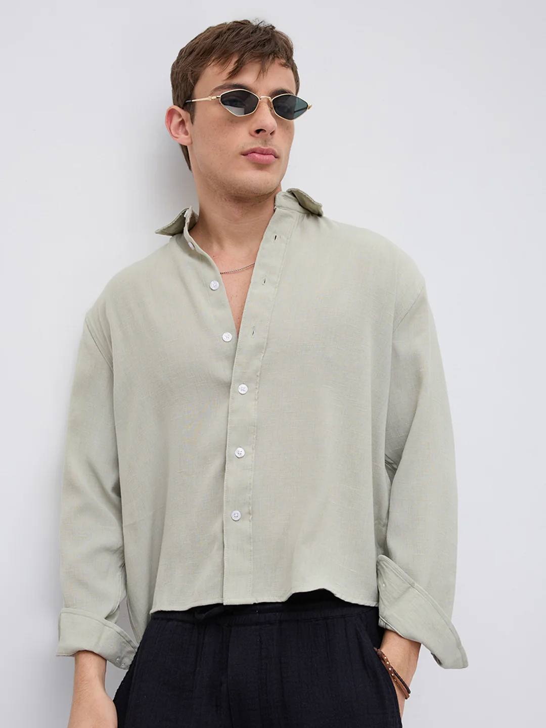 Sage Green Fine Weave Boxy Fit Crop Shirt - Image 2