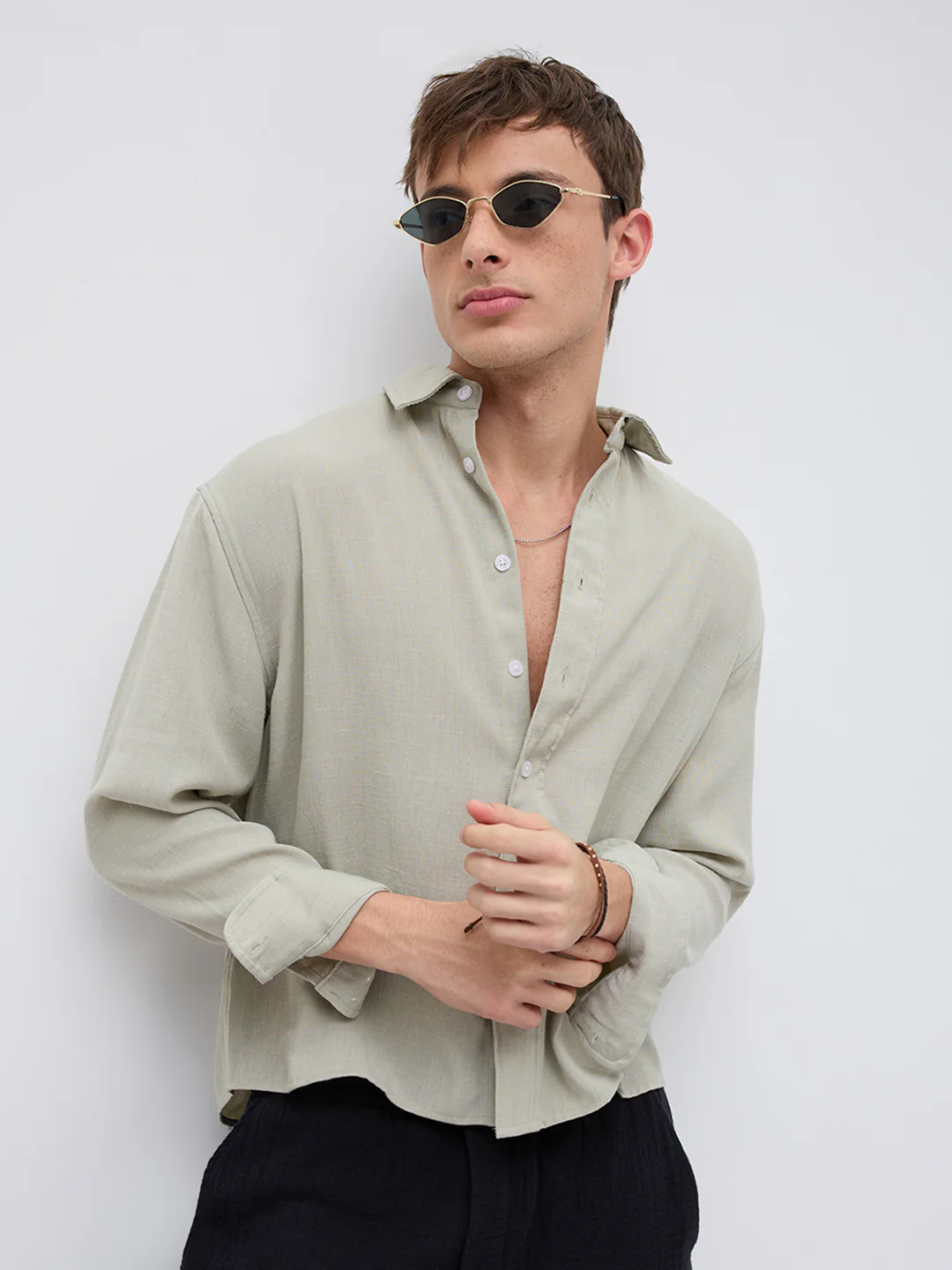 Sage Green Fine Weave Boxy Fit Crop Shirt - Image 4