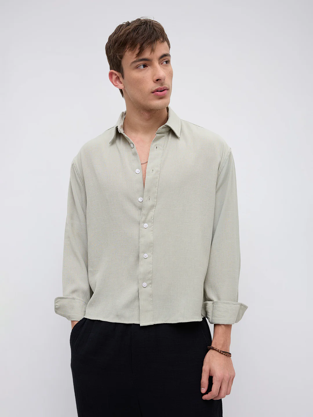 Sage Green Fine Weave Boxy Fit Crop Shirt - Image 5
