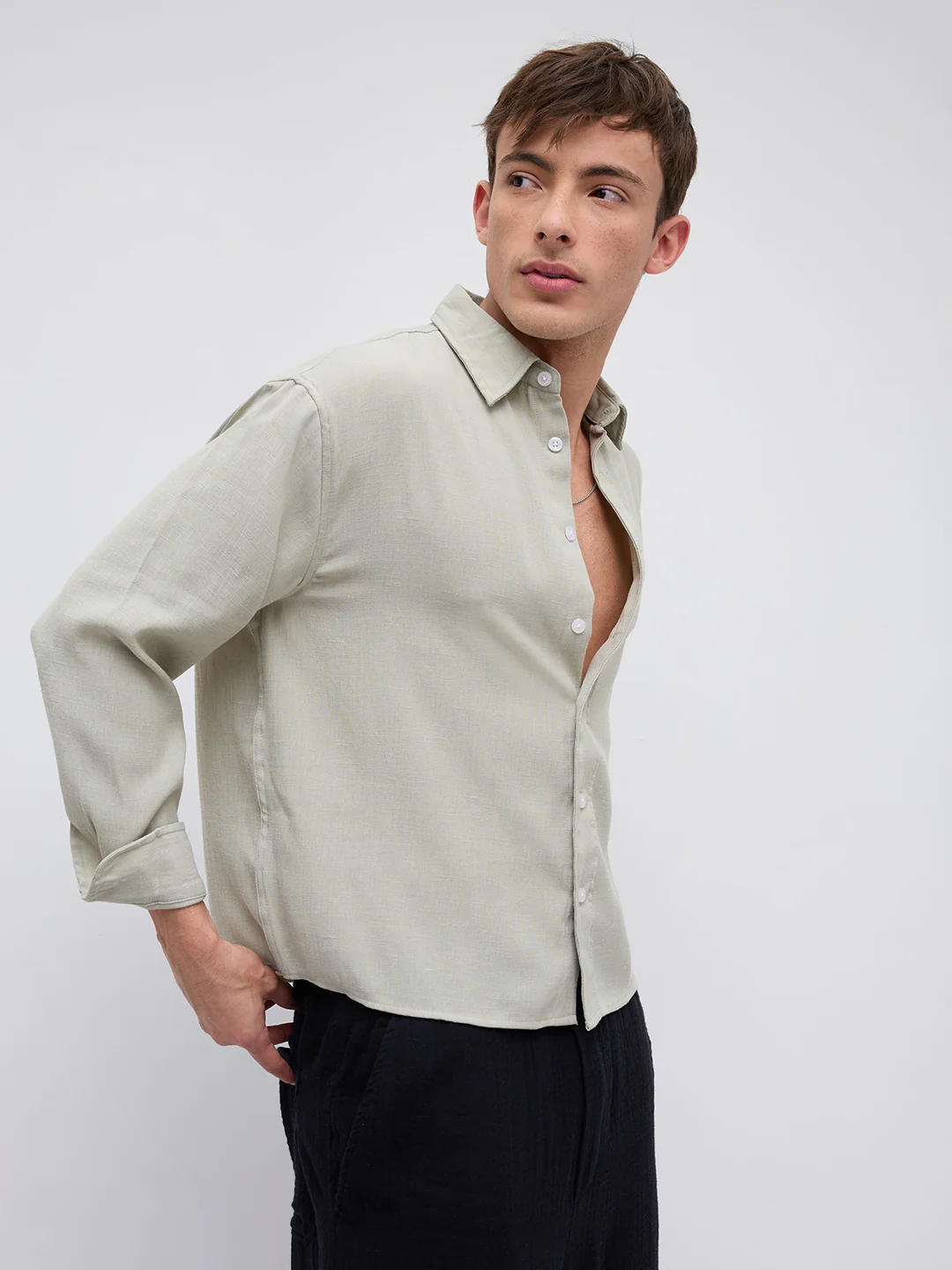 Sage Green Fine Weave Boxy Fit Crop Shirt - Image 6