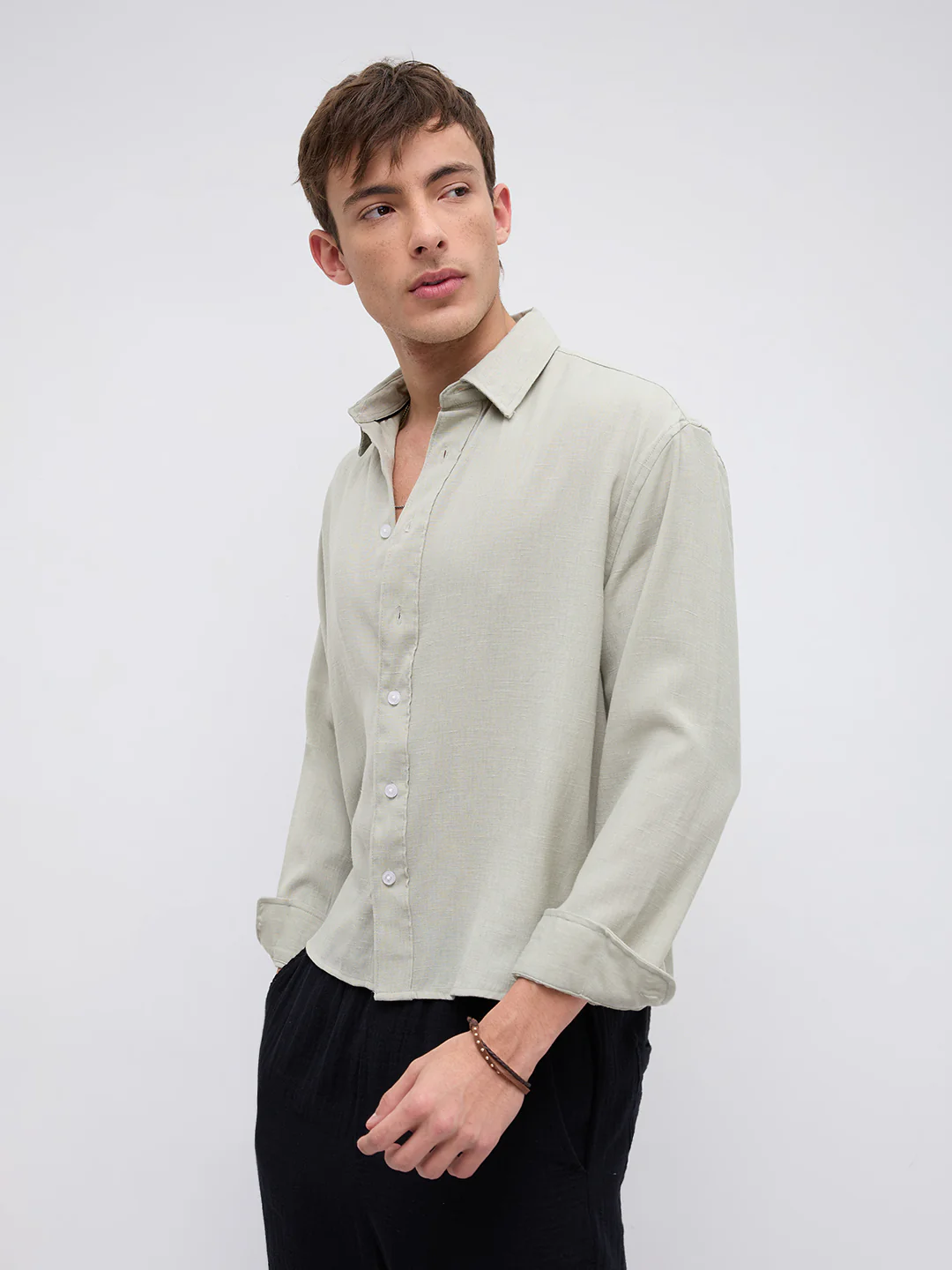 Sage Green Fine Weave Boxy Fit Crop Shirt - Image 7