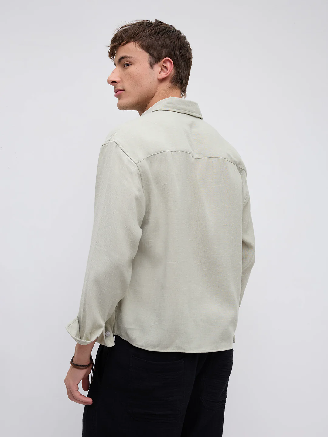 Sage Green Fine Weave Boxy Fit Crop Shirt - Image 8