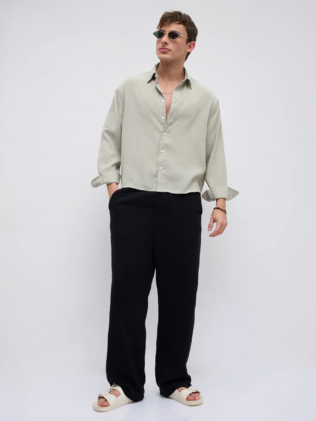 Sage Green Fine Weave Boxy Fit Crop Shirt - Image 9