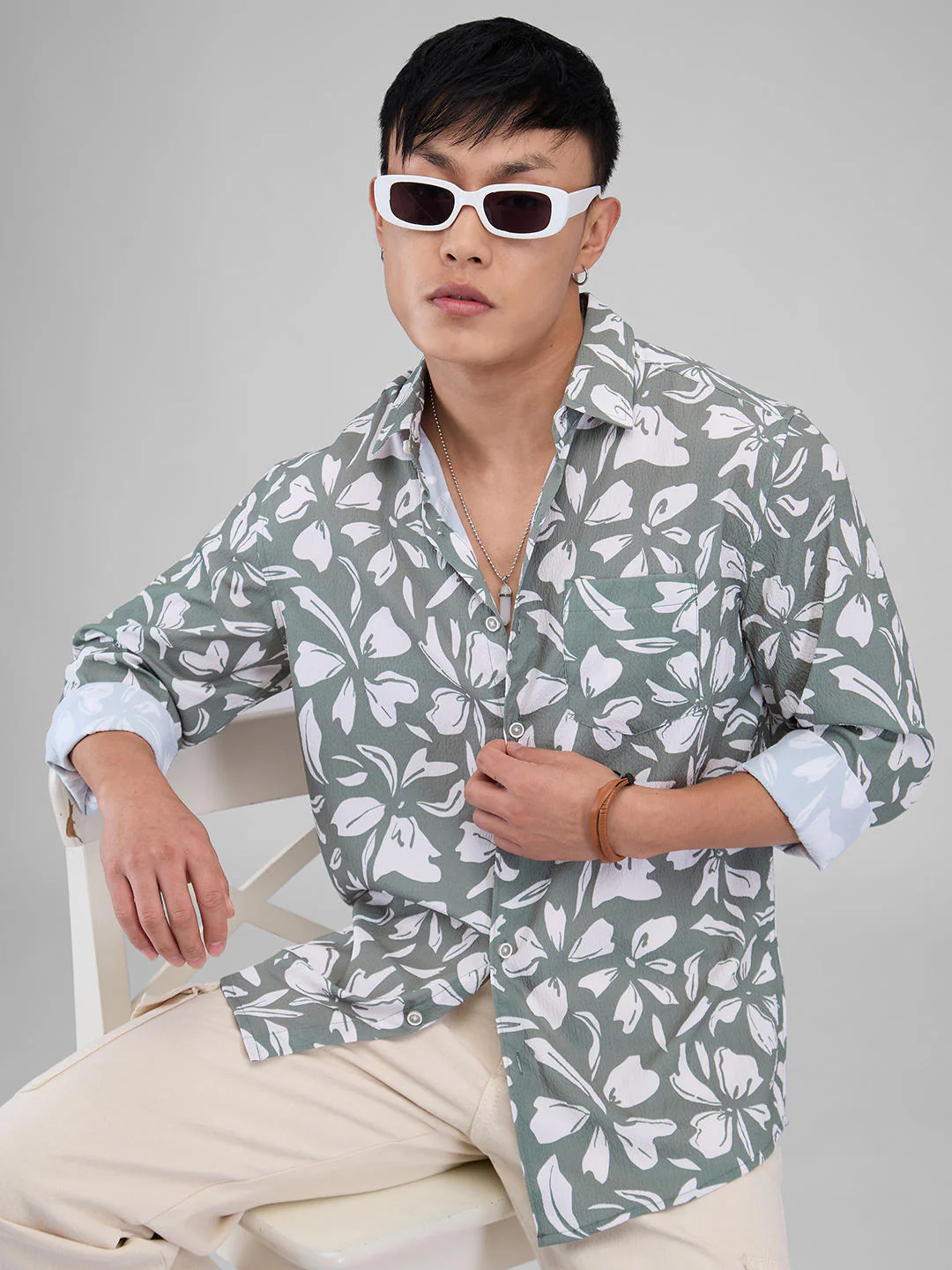 Sage Green Floratique Printed Creased Shirt - Image 2