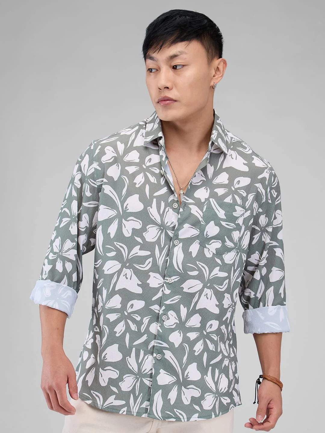 Sage Green Floratique Printed Creased Shirt - Image 4
