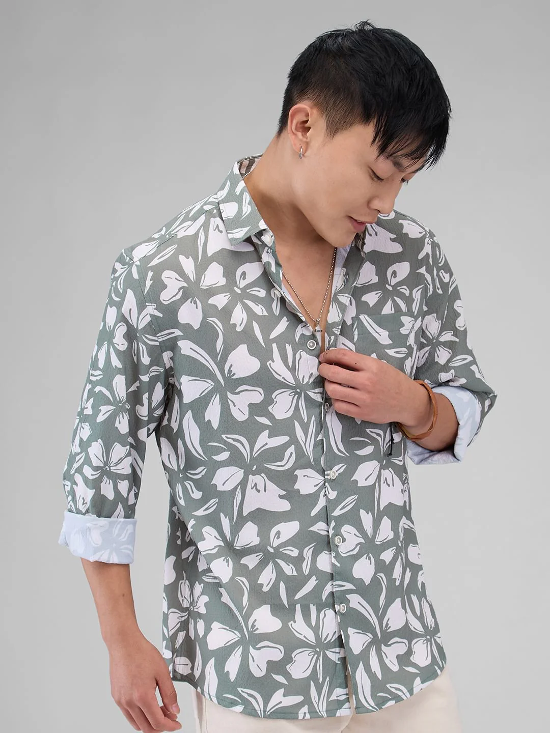 Sage Green Floratique Printed Creased Shirt - Image 5