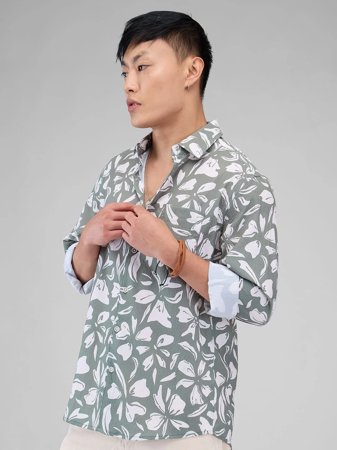 Sage Green Floratique Printed Creased Shirt - Image 6