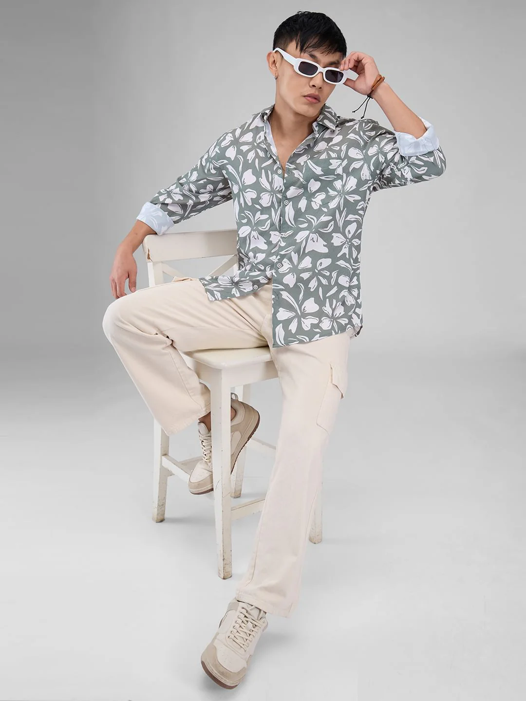Sage Green Floratique Printed Creased Shirt - Image 8