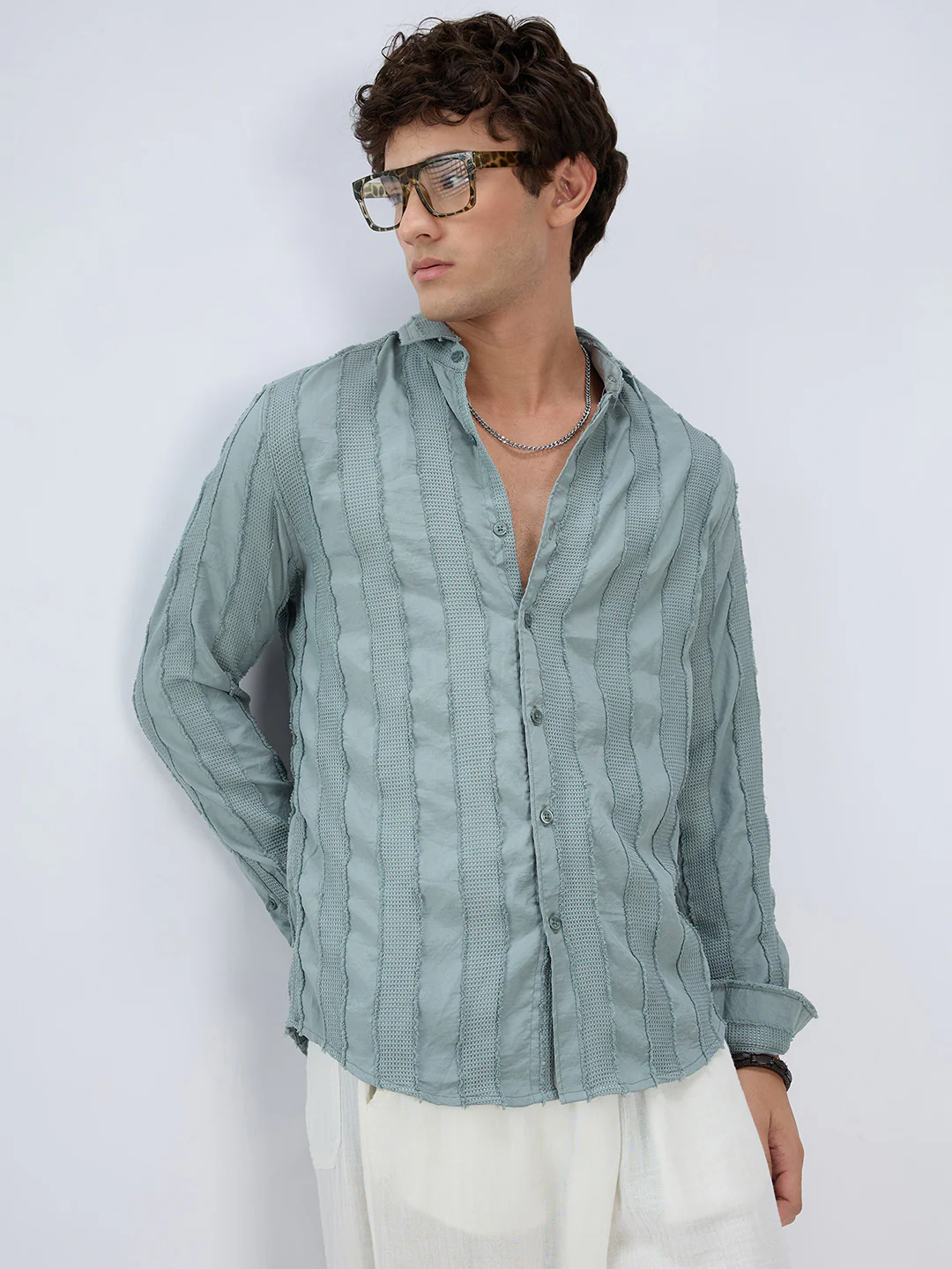 Sage Green Frayed Panelled Waffle Textured Shirt - Image 2