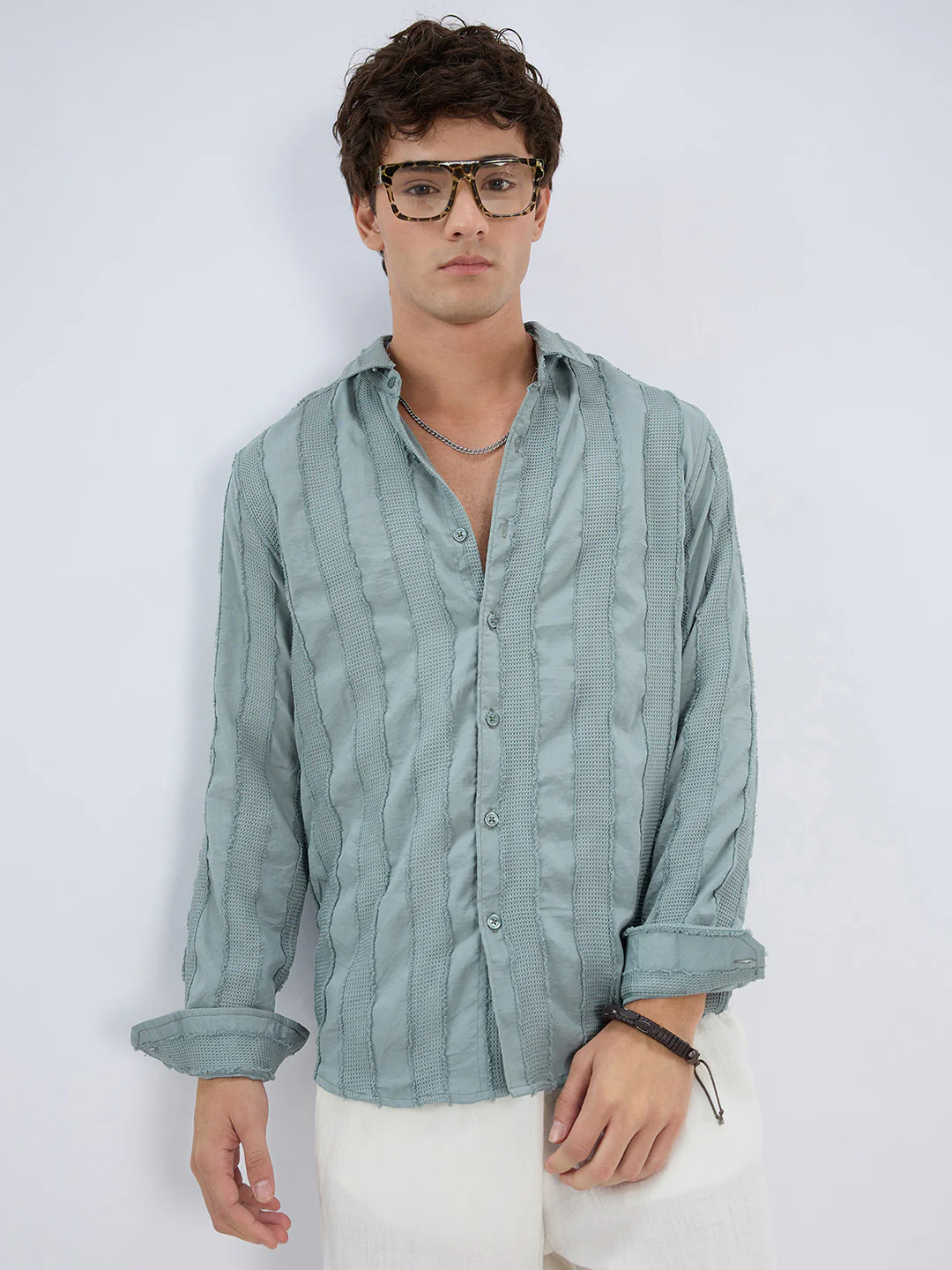 Sage Green Frayed Panelled Waffle Textured Shirt - Image 4
