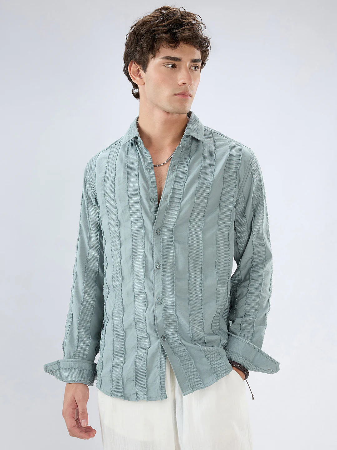 Sage Green Frayed Panelled Waffle Textured Shirt - Image 5