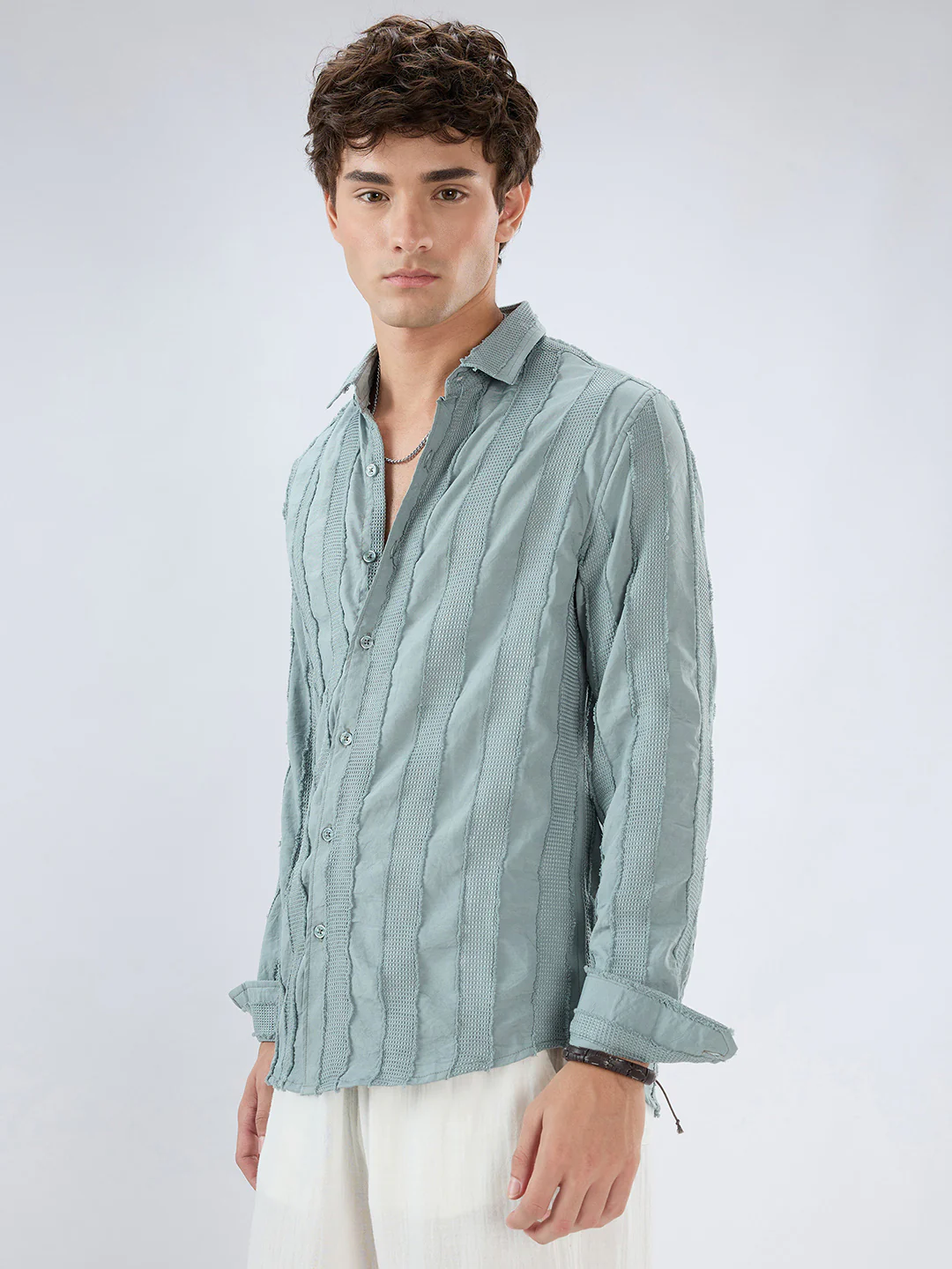 Sage Green Frayed Panelled Waffle Textured Shirt - Image 6