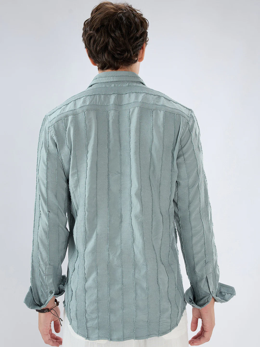 Sage Green Frayed Panelled Waffle Textured Shirt - Image 7