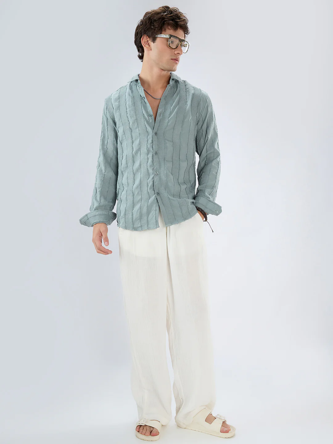 Sage Green Frayed Panelled Waffle Textured Shirt - Image 8